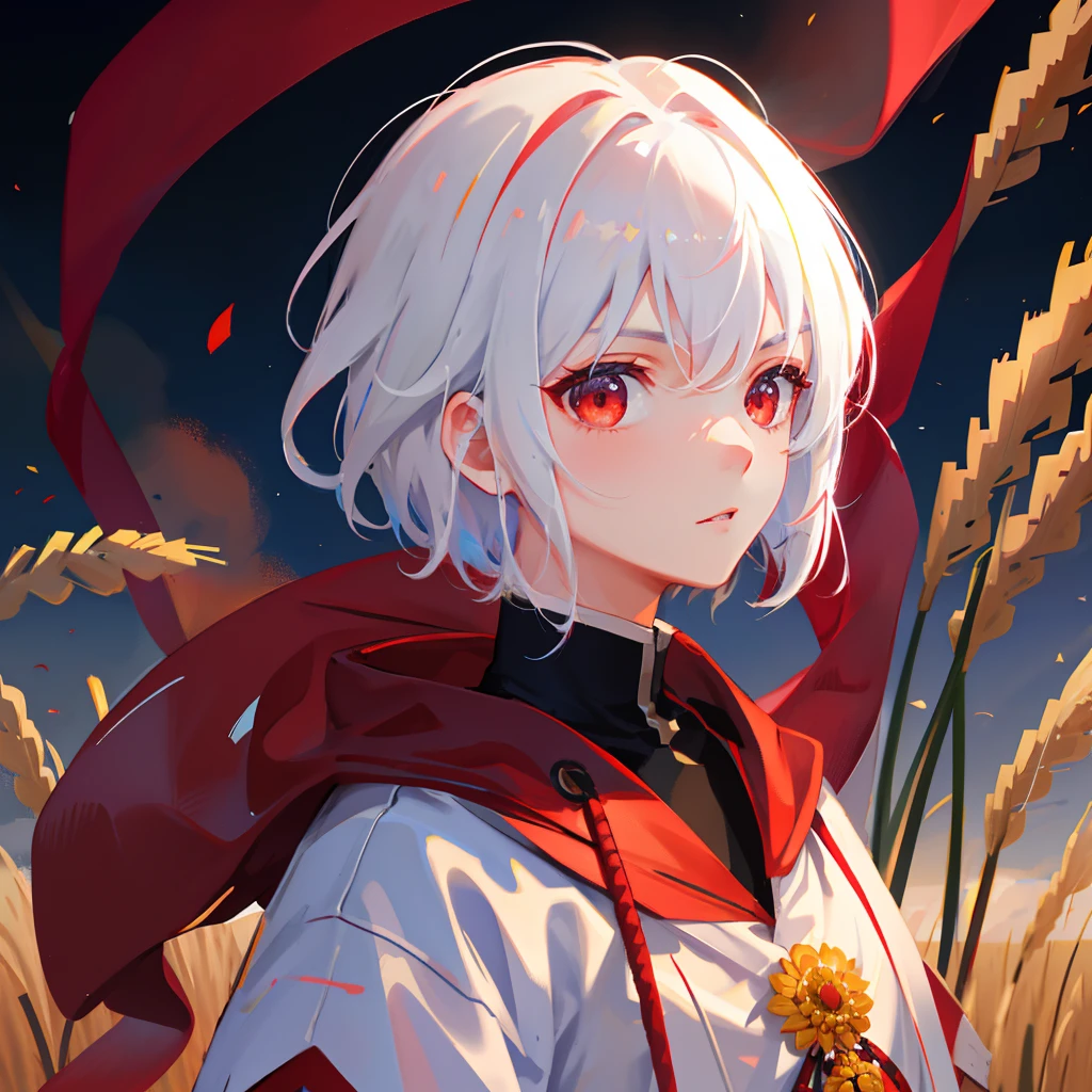 Super Resolution, ultra-detailliert,male people, Best Quality, youthfulness, Portrait,Serious look、 White hair,Short hair,Red eyes, Samurai, Wheat landscape, shoun, Clouds, (com cores neutras), (nffsw:1.3)