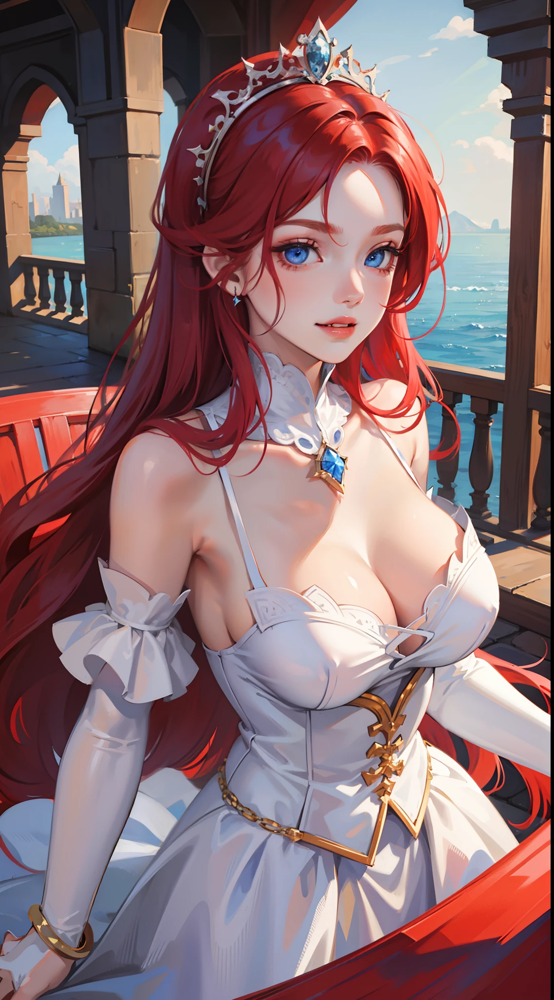 young girl, Long red hair, blue eyes, Huge-breasts, White princess dress, open breasts, Smile, Masterpiece, hiquality