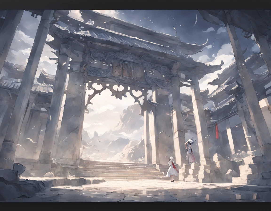 Baiyun is a fusion of various ancient buildings、Huge white clouds、、White ancient Chinese architecture、White Mountains,White Mountain Road、White stone steps、magnifica、Great Artwork、fantasy、mito、Mono Color、arma,cleavage,(Magical Circle:1.1),xiuxian