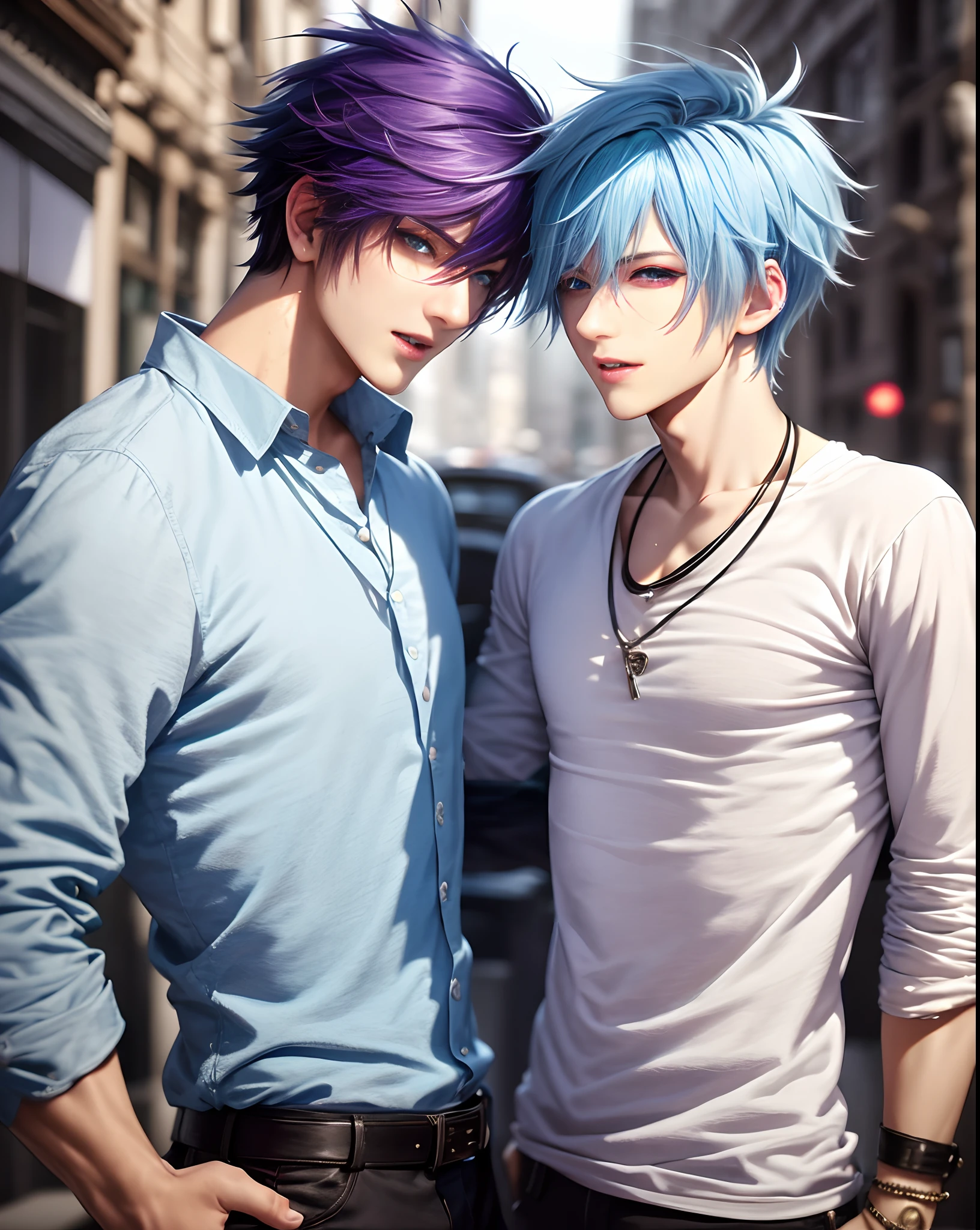 ​masterpiece, top-quality, 2Others, Male couple, 1 man and 1,, Adults, Height difference, different fashion, different color, finely eye and detailed face, intricate detailes, Casual clothing, Oversized shirt, Modern urban streets, A smile, Happiness, tenderness, queers, Boys Love, high-level image quality、 selfee, Two beautiful men、tall、The upper part of the body、nightfall、nighttime scene、𝓡𝓸𝓶𝓪𝓷𝓽𝓲𝓬、Korean Male, Idol Photos, k pop, Professional Photos, Vampires, Korean fashion in black and white, Fedoman with necklace, inspired by Sim Sa-jeong, androgynous vampire, :9 detailed face: 8, extra detailed face, detailed punk hair, ((eyes are brown)) baggy eyes, Seductive. Highly detailed, semi realistic anime, Vampires, hyperrealistic teen, delicate androgynous prince, imvu, short hair above the ears, Man with short hair, With a purple-haired man with a wild expression, Man with light blue hair with gentle expression, ((With a short-haired man with bright purple hair)), ((Man with light blue hair))