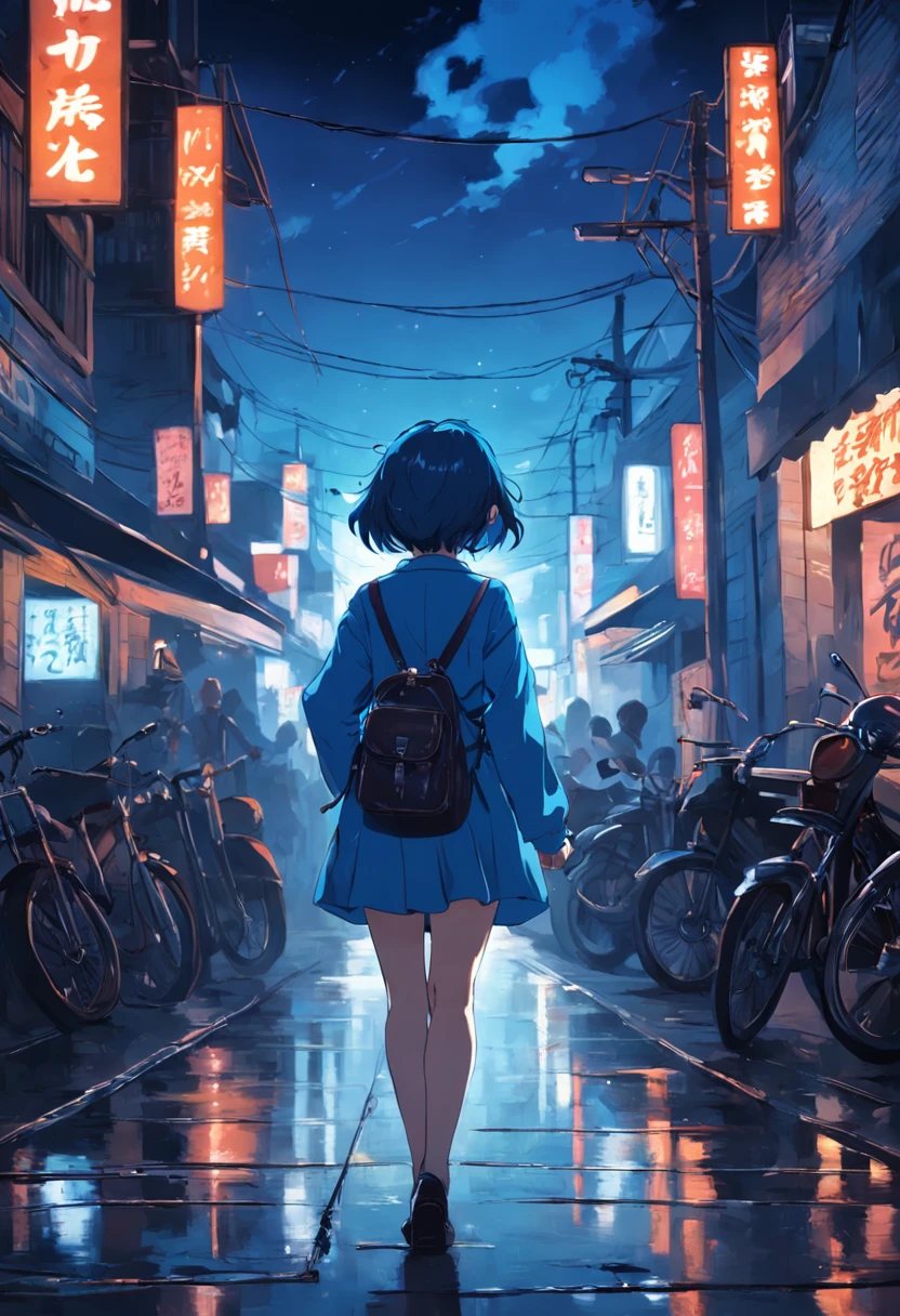 Draw retro blue short hair lady from behind with guitar on back walking in the town at night time,Convey order and respect(Don't be beautiful),dark light