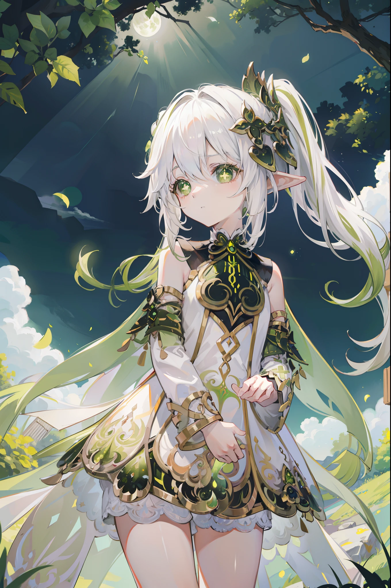 Nahida_Genshin,(White hair),cross-shaped pupils,default_dress,Green cape,simplebackground,themoon,The breath of life,green color,grassy fields,The breath of life,Gentle and powerful divinity,A sense of majesty