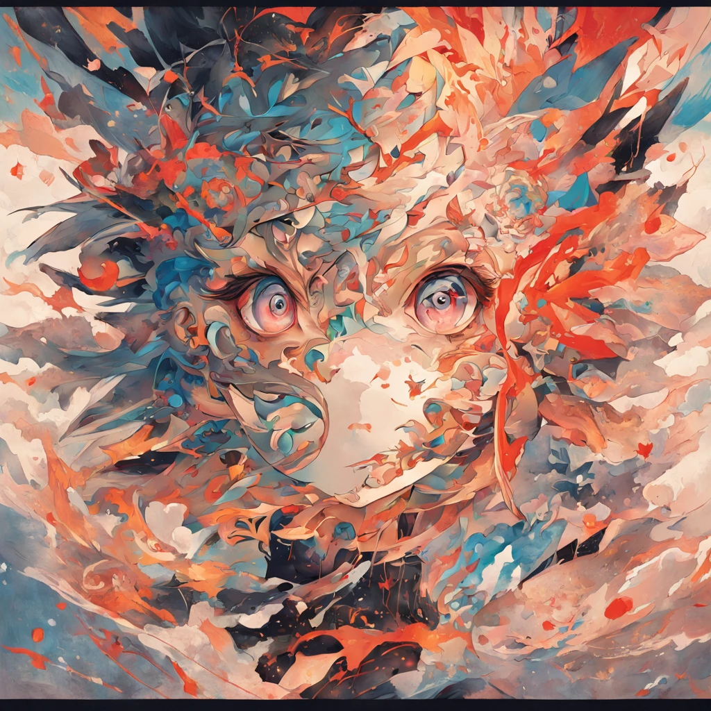 Conceptualize an abstract representation of Ukiyo-e or the "floating world". Blend a collage of elements from famous prints in fragmented, surreal compositions. The kanji for hope is subtly integrated within the chaotic yet harmonious assemblage.、The contrast between the inner and outer surfaces is expressed by fluid curves Description of the shape: The left half of his face is a wolf mask.、Jovem com cabelo curto na metade direita。The face is facing diagonally to the left front.