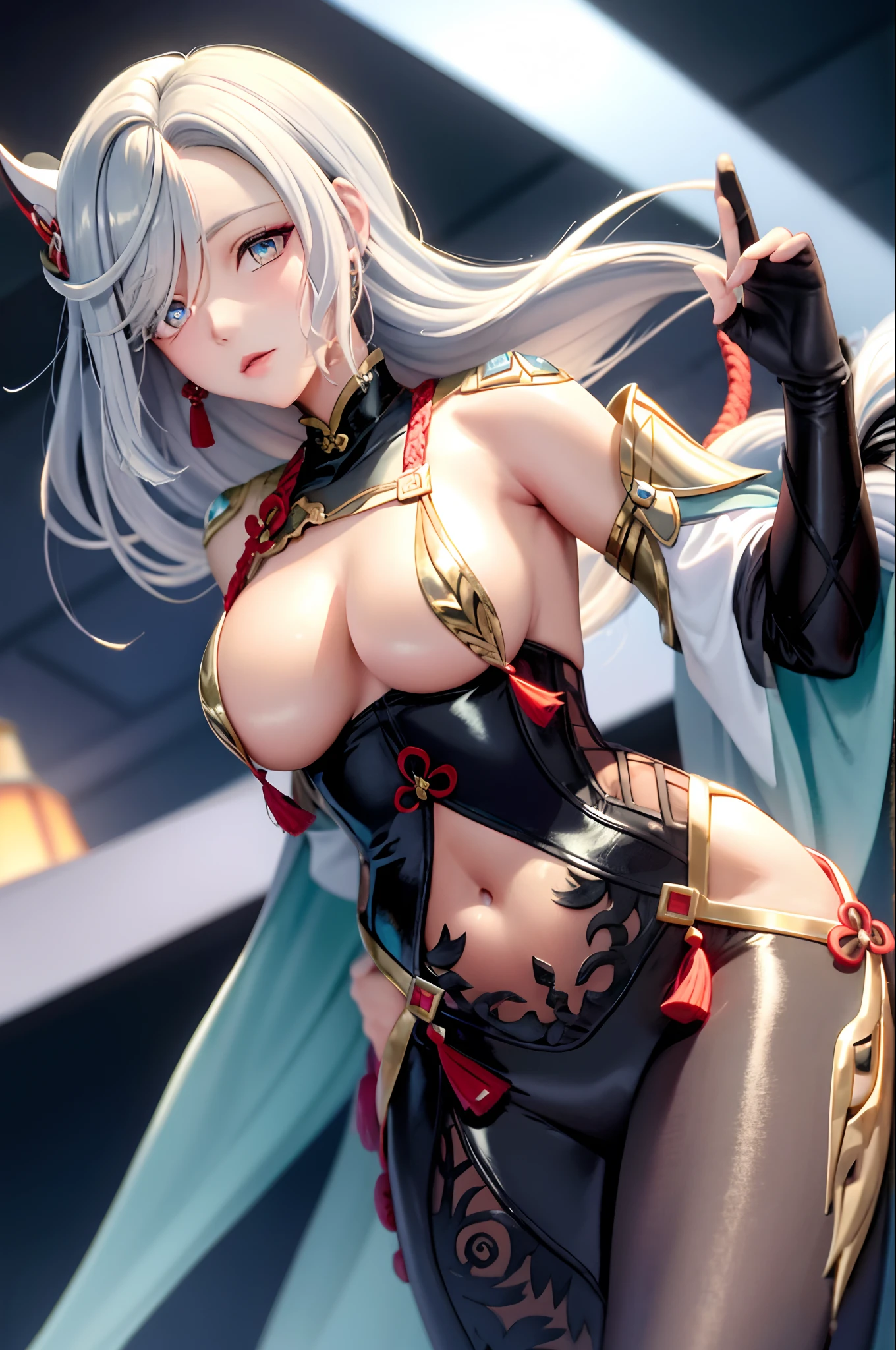 Masterpiece, Best quality, 1girll,shenhe \(Genshin Impact\), whaite hair,Long hair,hair adornments, Blue eyes,braidedponytail,Puffy sleeves,Golden decoration,mitts,tightsuit,Large breasts,breast curtains, shoulder cutout,covered navel,hip vent,clothing cutout, nipple tassels,greybackground,