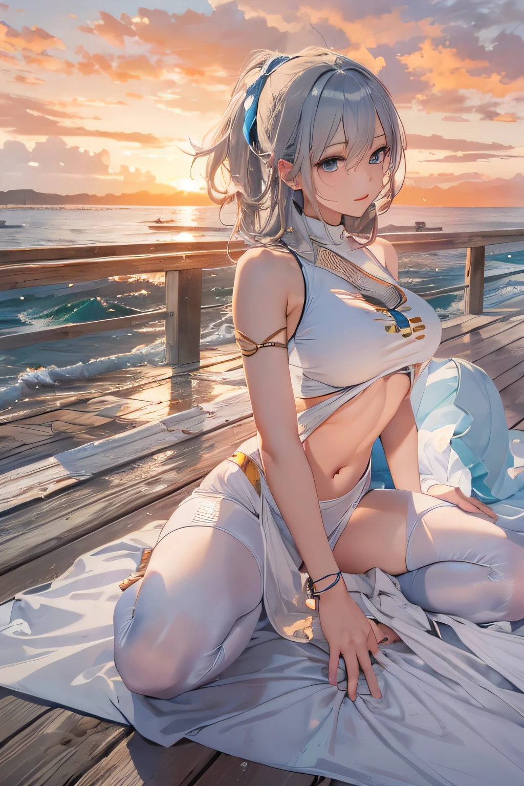 Best Quality, 超A high resolution, super detailed face and eyes, One girl of average physique、Warrior posing in yoga attire on yoga mat laid on wooden deck of the hotel, Deck offers panoramic ocean views, Painting a scene of quiet beauty, Her athletic body type is、Accentuated by her body-fitting yoga attire, Emphasizes her strength and flexibility as she performs poses, The warrior pose she holds up exudes determination, Her gaze was focused on the invisible horizon, Her body aligned in perfect harmony, BREAK, The soft murmur of the sea fills the air around her, Mingled with the distant chirping of seagulls、Creates a calm and peaceful atmosphere. Sunlight reflects off the vast space, Open sea, casting a warm glow on her figure, BREAK, In the background, The ocean stretches on the horizon, Meet the sky with a soft blend of blue hues. Wooden deck of the hotel, Rustic and cozy, Adds to the gentle and natural aesthetics of the place. Elements of the scene combine、Draw a picture of tranquility and centrality, The warrior woman poses in the center of it all, BREAK, absurderes,hight resolution,ultra-detailliert,