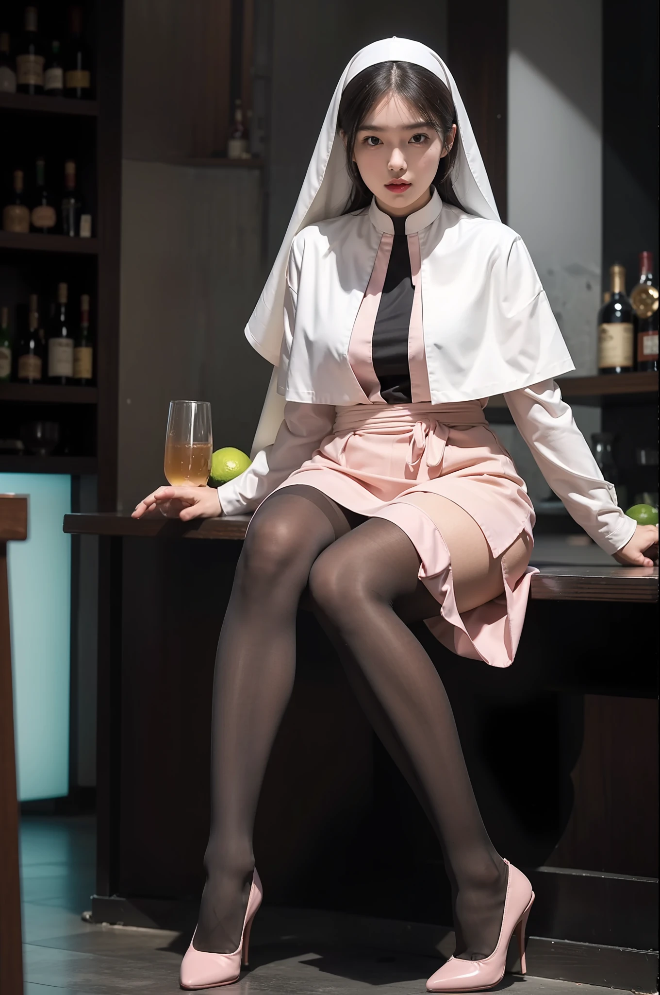 (full body:1.5),(1girl:1.3),(view the viewer:1.4),(anatomy correct:1.3),(Sitting at the bar drinking alcohol:1.2),(A Deep Pink Nun uniform :1.2),( Very thick Lime Pantyhose:1.3),( girl pointed thick heels :1.1),(Accurate and perfect face:1.3),hyper HD, Ray traching, reflective light, structurally correct, Award-Awarded, high detail, lighten shade contrast, Face lighting ,cinematic lighting, masterpiece, super detailing, high quality, high detail, best quality, 16k,High contrast,
