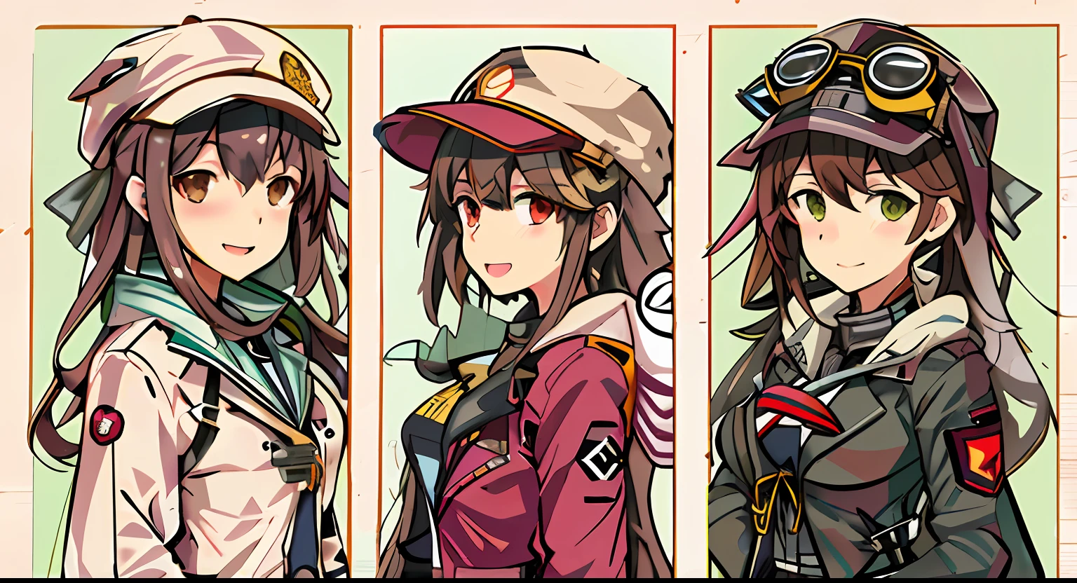 Three different photographs of a woman wearing a hat and jacket, Kantai collection style, girls frontline style, Character artwork, Kawasi, from girls frontline, by Kamagurka, Official artwork, character profile art, kancolle, Pixiv style, Fine details. Girl front, Anime character art, Detailed fanart, kantai collection arcade, Girl front