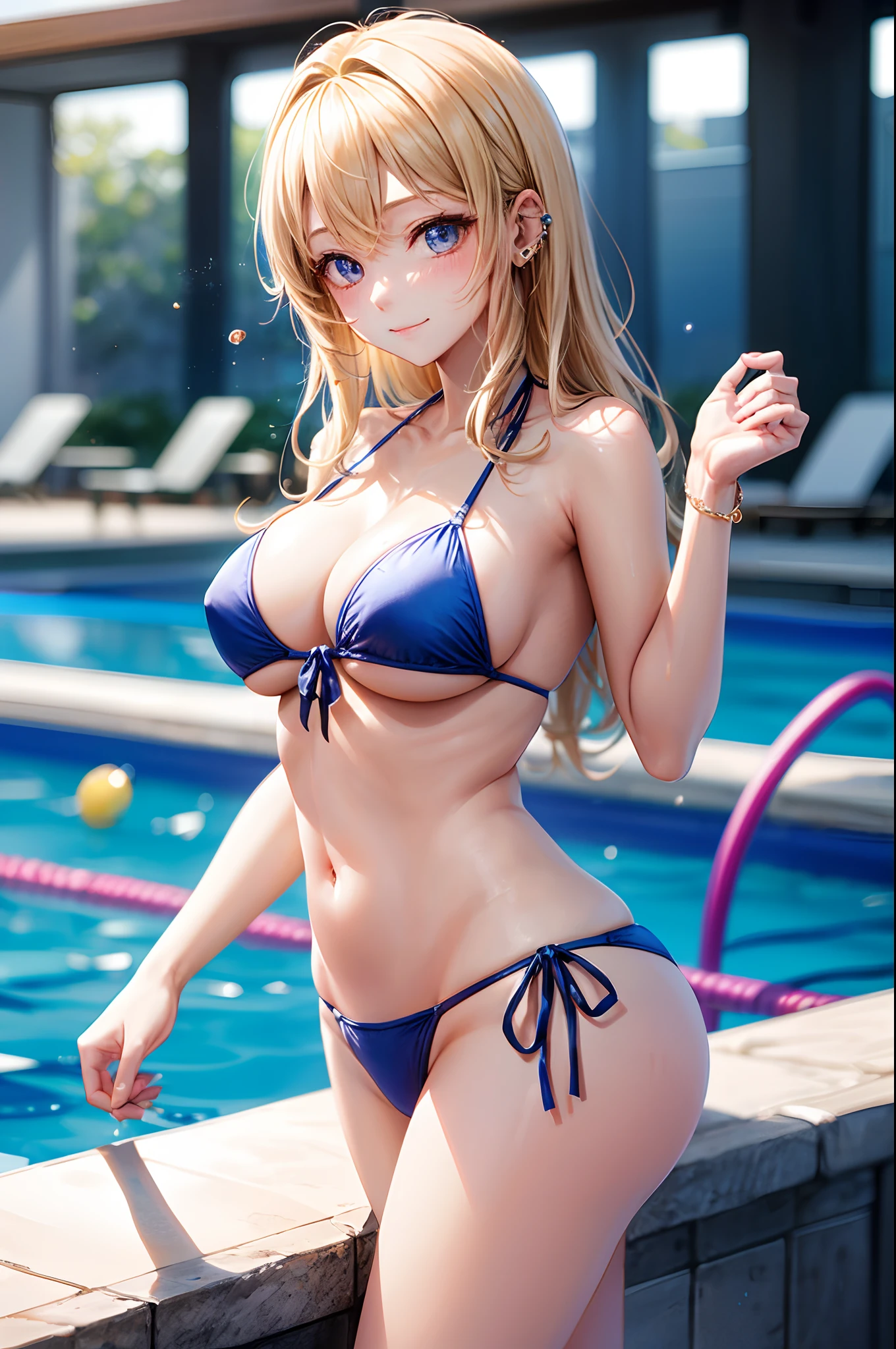 realisitic、top-quality、 1 人、20yr old、light colored hair、piercings、Shy face、Fancy Bikini、beautiful boob 、sexypose、s ass、Example Pool、Particles of light、profetional lighting、blue open sky