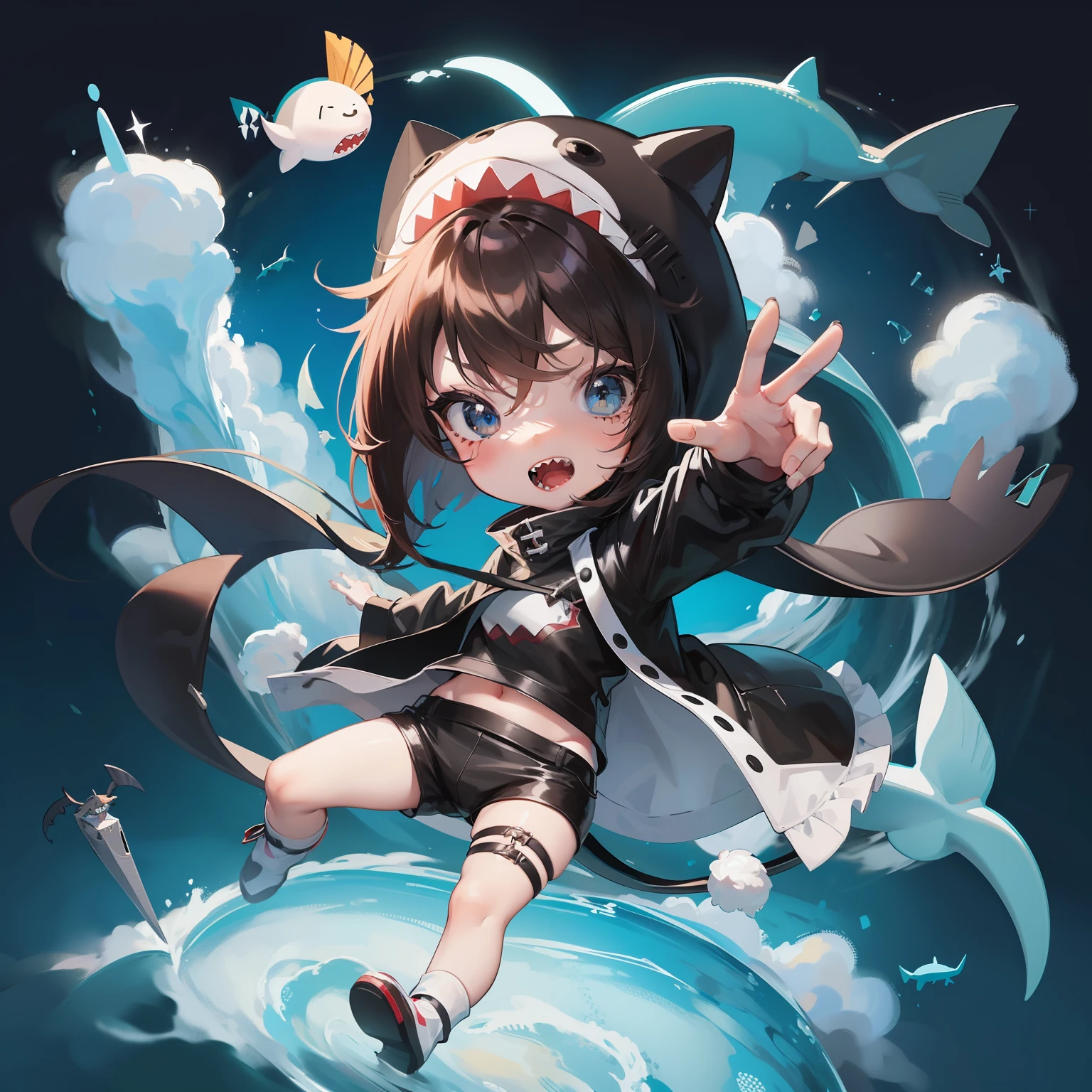 hightquality,masutepiece, Chibi, nendoroid, Mega Mini, Shark Hat, Shark hats have no ears, No ears, Shark tail, Shark costume, A dark-haired, Hairstyle Bob, Metal, hibiscus, full body Esbian