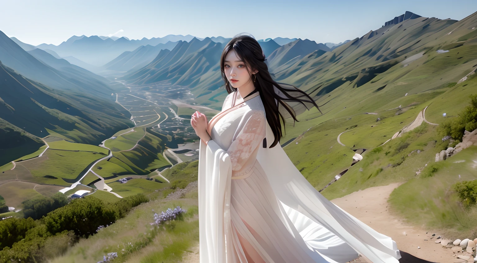 masterpiece, best quality, highres,photo realistic,8K, 1girl , black hair, cleaver , narrow waist ,beautiful eyes , beautiful ancient china silky white dress , beautiful background , Valleys , landscape , standing on the mountain , (from upper:1.6) , dynamic pose