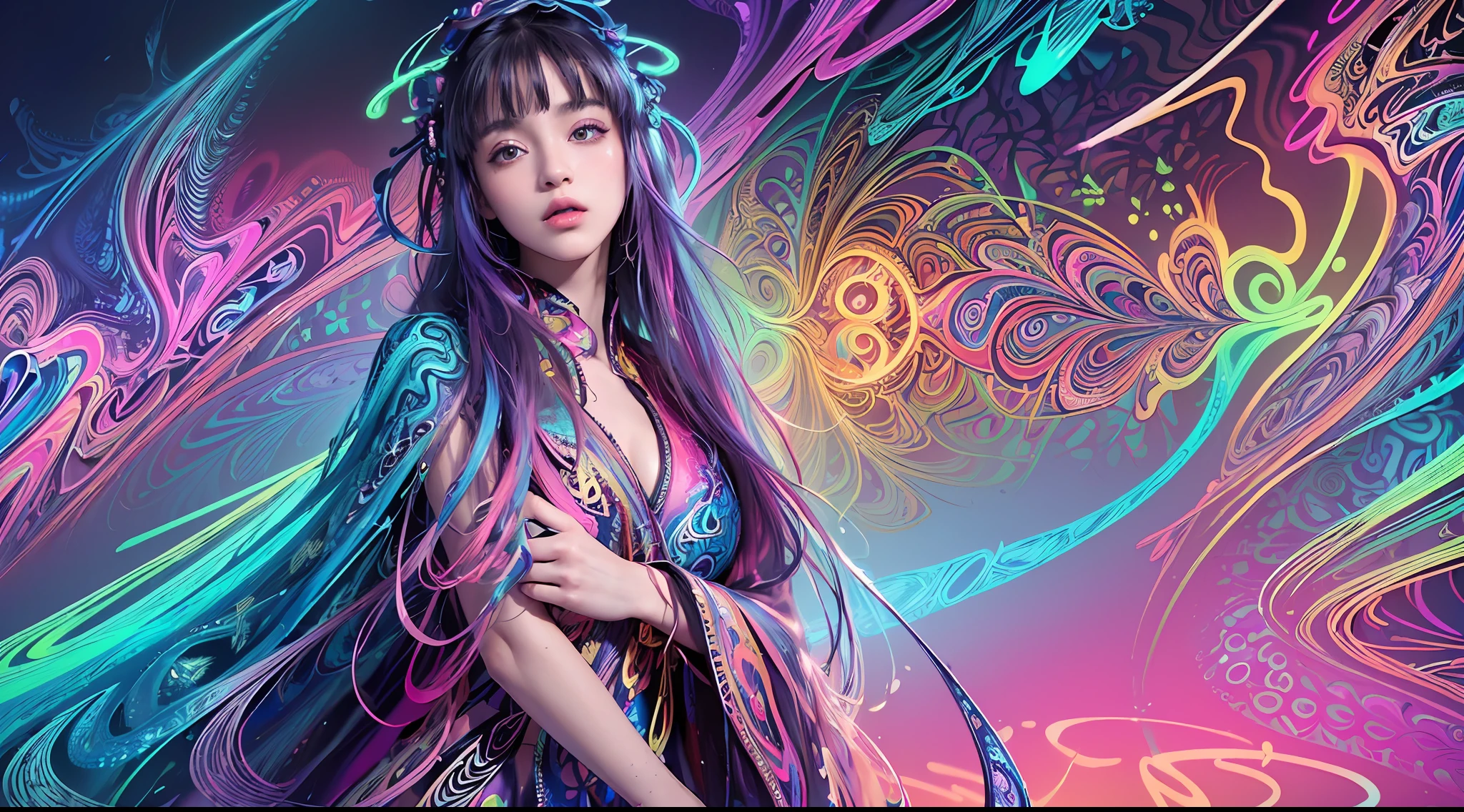 (masterpiece, top quality, best quality, official art, beautiful and aesthetic:1.2), (1girl:1.3), extremely detailed,(fractal art:1.2),colorful,highest detailed,( zentangle neon:1.2), (dynamic pose), (abstract background neon:1.5), (treditional dress:1.2), (shiny skin), (many colors:1.4), upper body ,Neon,16K,Full HD