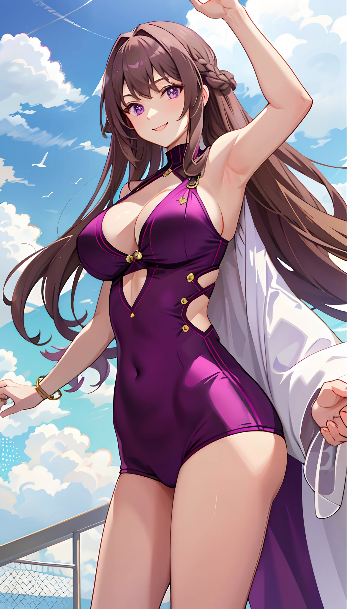Long light brown hair,Purple eye,Lateral hair,asymmetricalbangs,Bigboobs,leisure wear,ssmile,Issuing,Cloud-like decoration,Seductive laughter