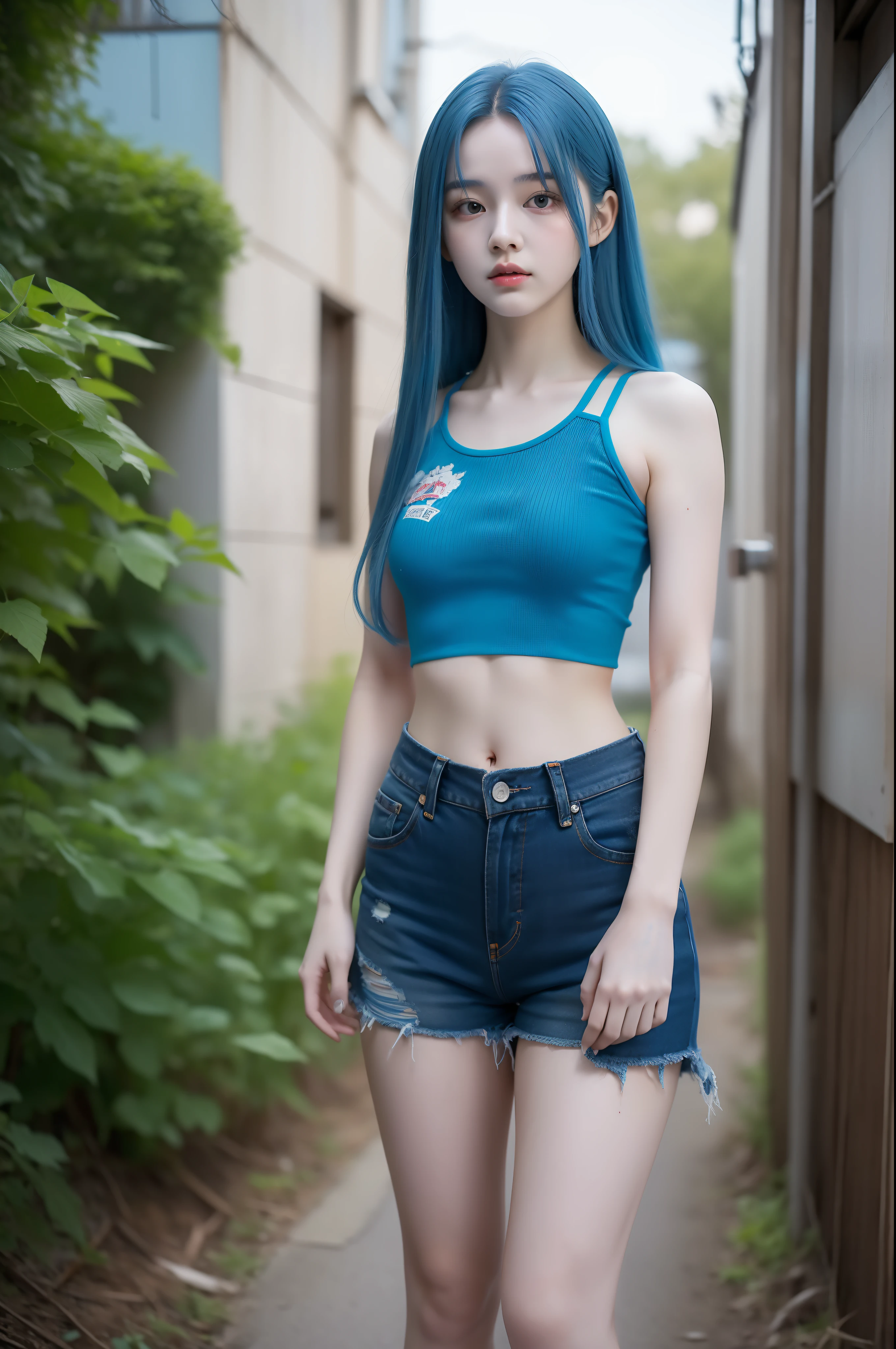 "Full body view of 18 years old Kim Chaewon as a young girl in a tattered and rotted clothing, with blue hair. She is standing confidently, with a slight exposure of her midriff and a petite figure. The photo is captured in UHD 4K, exhibiting exquisite details."