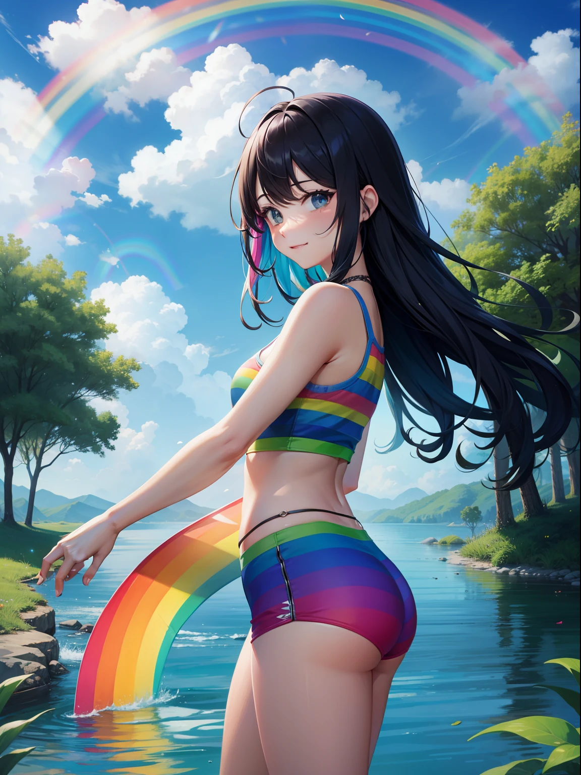 A big rainbow in the blue sky