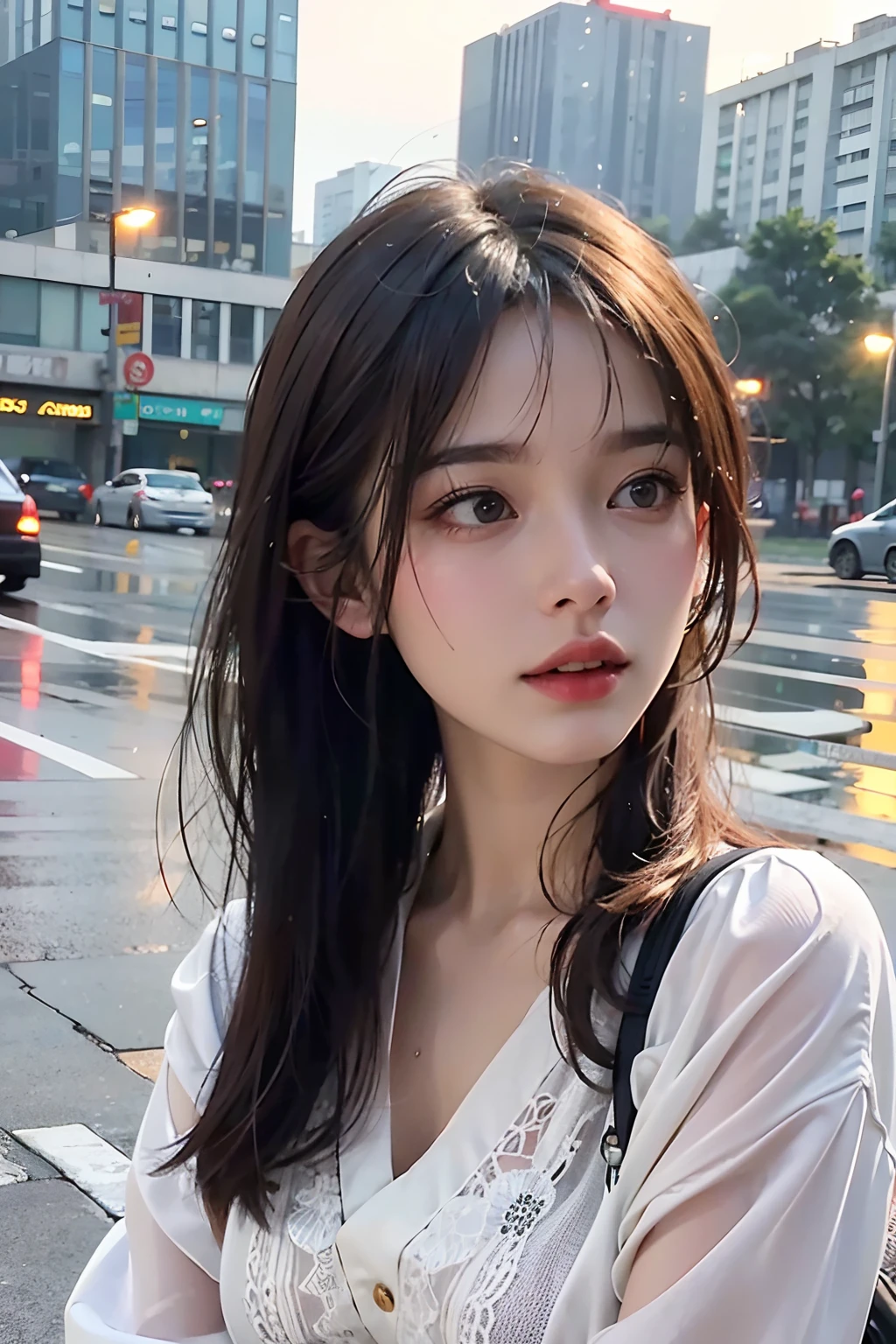 ((Best Quality, 8K, Masterpiece: 1.3)), Sharp: 1.2, Perfect Body Beauty: 1.4, Slim Abs: 1.2, ((Layered Hairstyle, Big Breasts: 1.2)), (Wet White Button Long Shirt: 1.1), (Rain, Street: 1.2), Wet: 1.5, Highly detailed face and skin texture, detailed eyes, double eyelids, side face looking at the camera