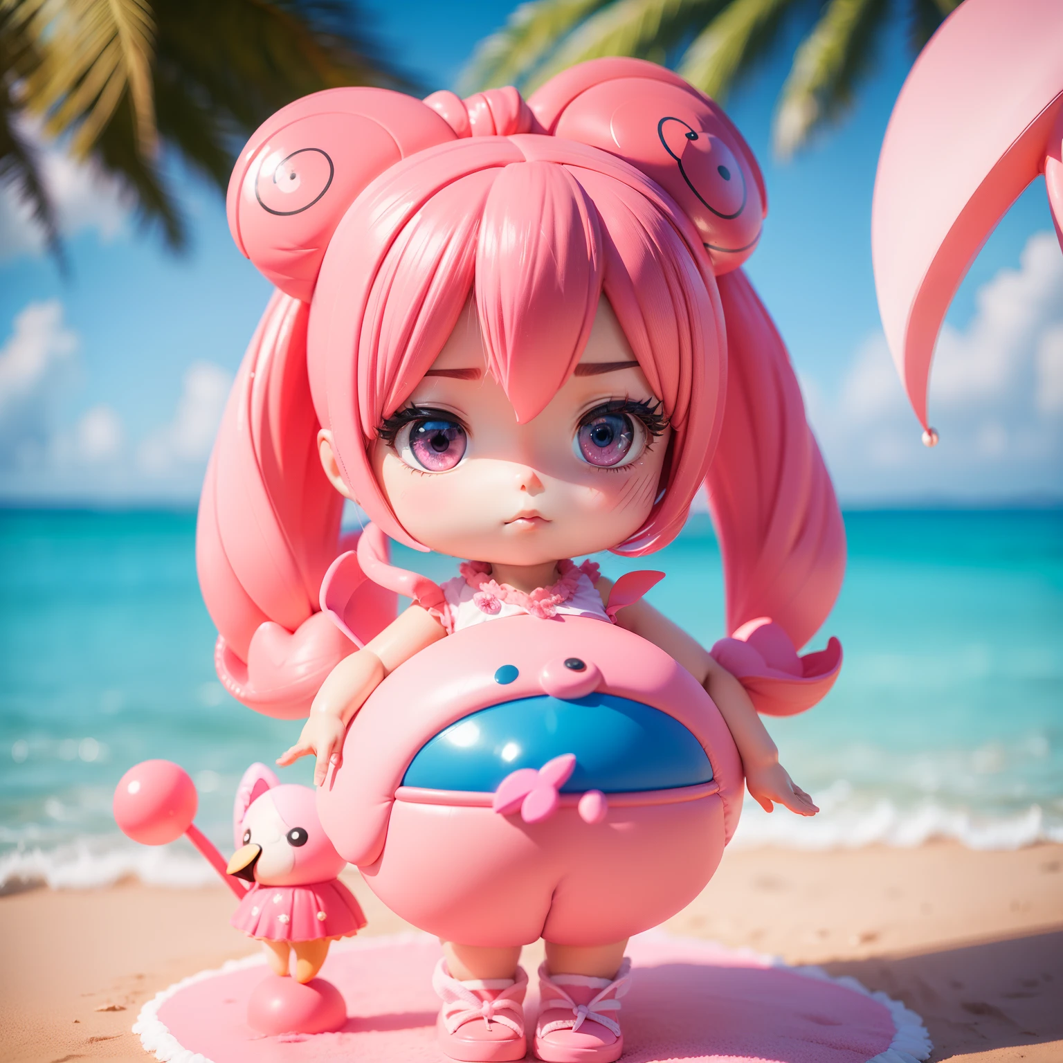 (((chibi 3d)))Cute and beautiful chibi anime/Bob hairstyle mixed with pink and blue,Sundress with strawberry print print,Knitted sandals,Summer Beach,Palm trees.Crying hard,Tears flow,While holding your hands close to your face「Hello」and shout。