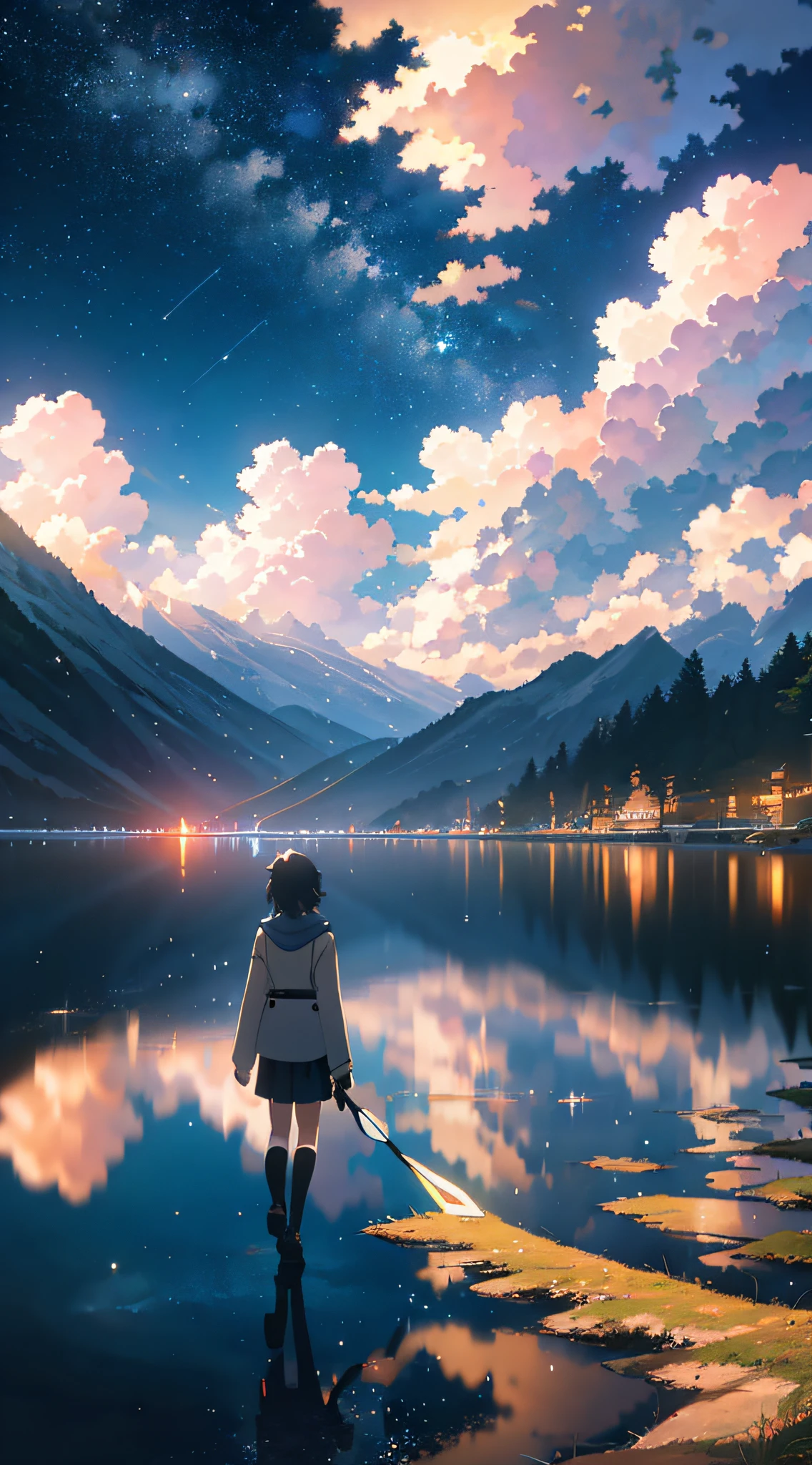 High quality masterpiece, landscape, anime train passing through bodies of water on tracks, bright starry sky. Romantic train, pixiv, concept art, lofi art style, reflection. by Makoto Shinkai, lofi art, Beautiful anime scene, Anime landscape, detailed scenery —width 672, in style of Makoto shinkai, style of Makoto shinkai, enhanced details.