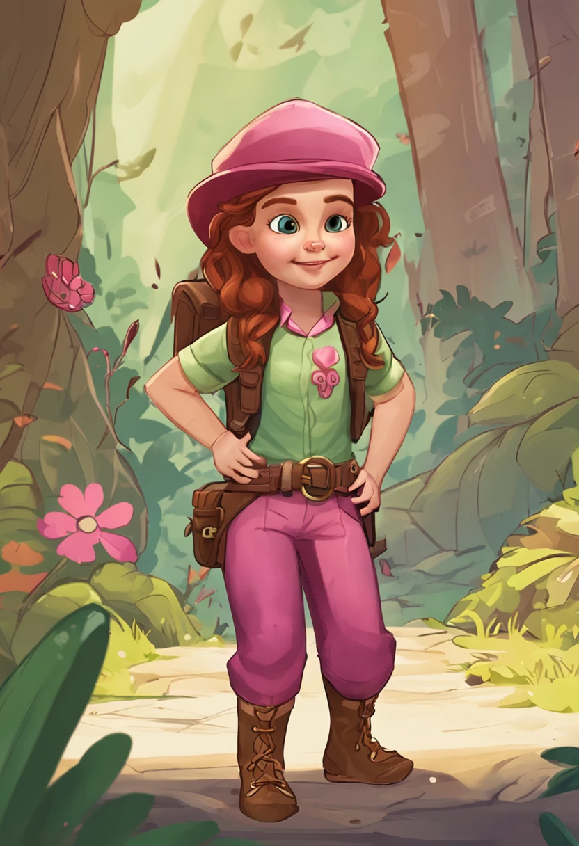 Nome: Anna
Description:
Anna is an adorable -yead girith white skin, cabelos castanhos longos e cacheados, e olhos verdes cristalinos. She is a fearless adventurer and is always ready to explore new places and discover exciting things.
Traje:
Anna usa um conjunto de roupa de aventureira composto por uma camisa rosa de manga curta com detalhes de bolinhas roxas, combined with a brown pants and medium barrel boots. She also wears a brown explorer's hat with a pink ribbon tied around it, que complementa perfeitamente o seu visual aventureiro.
Fundo:
As imagens mostram Anna por inteiro, highlighting his lively and adventurous expression. Para criar contraste, background is white, allowing Anna to stand out and conveying a sense of freedom and open space for her adventures.