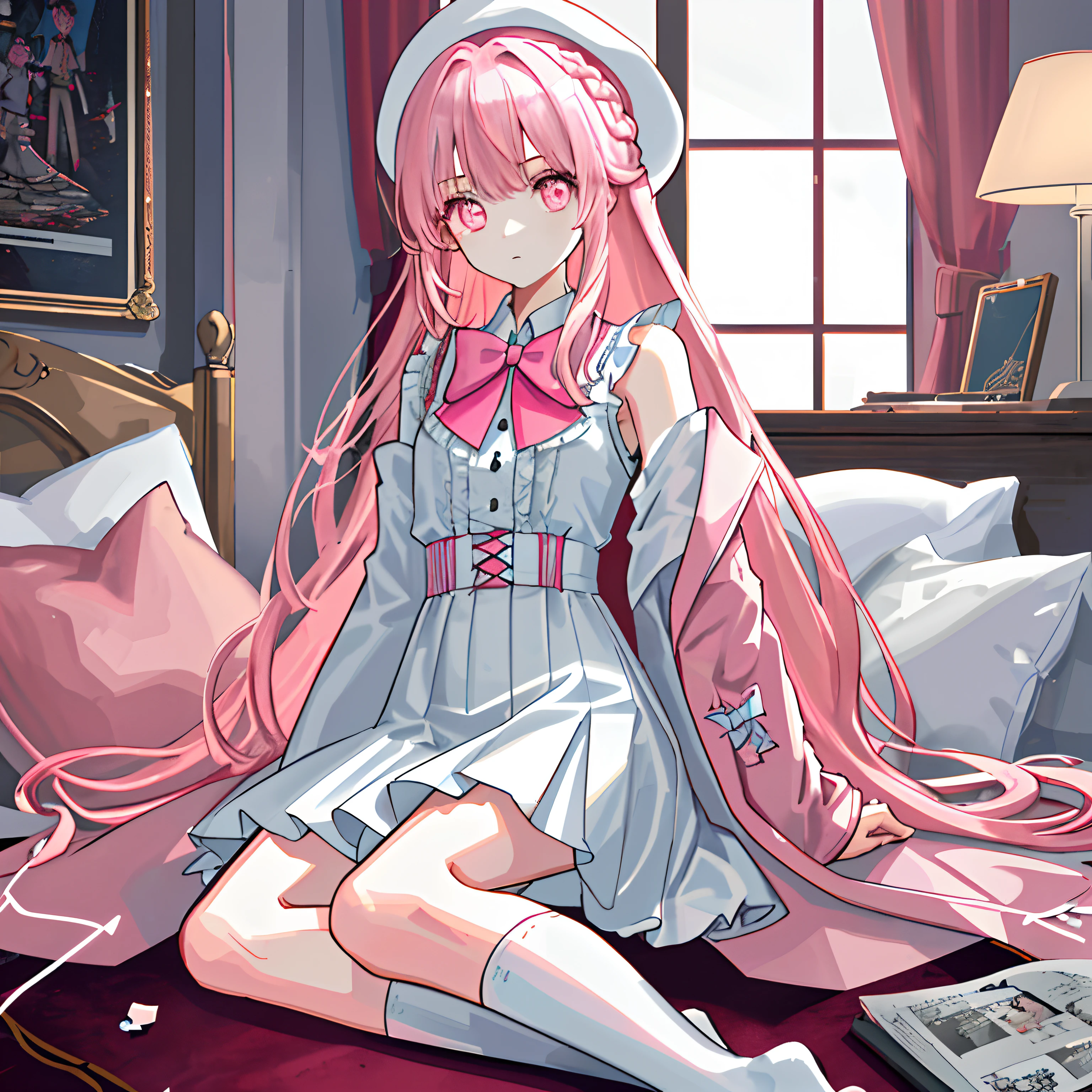 ｛1girll，独奏｝White knee-length socks，Pink cotton slippers，broad white blouse，Pink shawl coat，pleatedskirt，Bare shoulders，A pink-haired，Long messy hair，Very long hair，right side braid，Hair tied on the right side，Red bow tie，White berets，Indoor girls，Lazy expression，The body is petite，Computer，sofe，Coat rack，Snacking，Comic books scattered all over the place，Cluttered bed，Sit cross-legged，｛Masterpiece｝，｛Best quality at best｝，｛sportrait：1.2｝｛extremelydetailed8Kwallpaper｝，｛超高分辨率｝，｛Delicate background｝，｛Sparkling pink eyes｝，｛Lazy atmosphere｝，gentlesoftlighting，Warm light，Front view，volumettic light，Loose-fitting clothing，Sweet and cute clothing style，（intricately details），｛delicate adorable face｝，（A detailed eye），unreal-engine，Octane rendering，depth of fields，