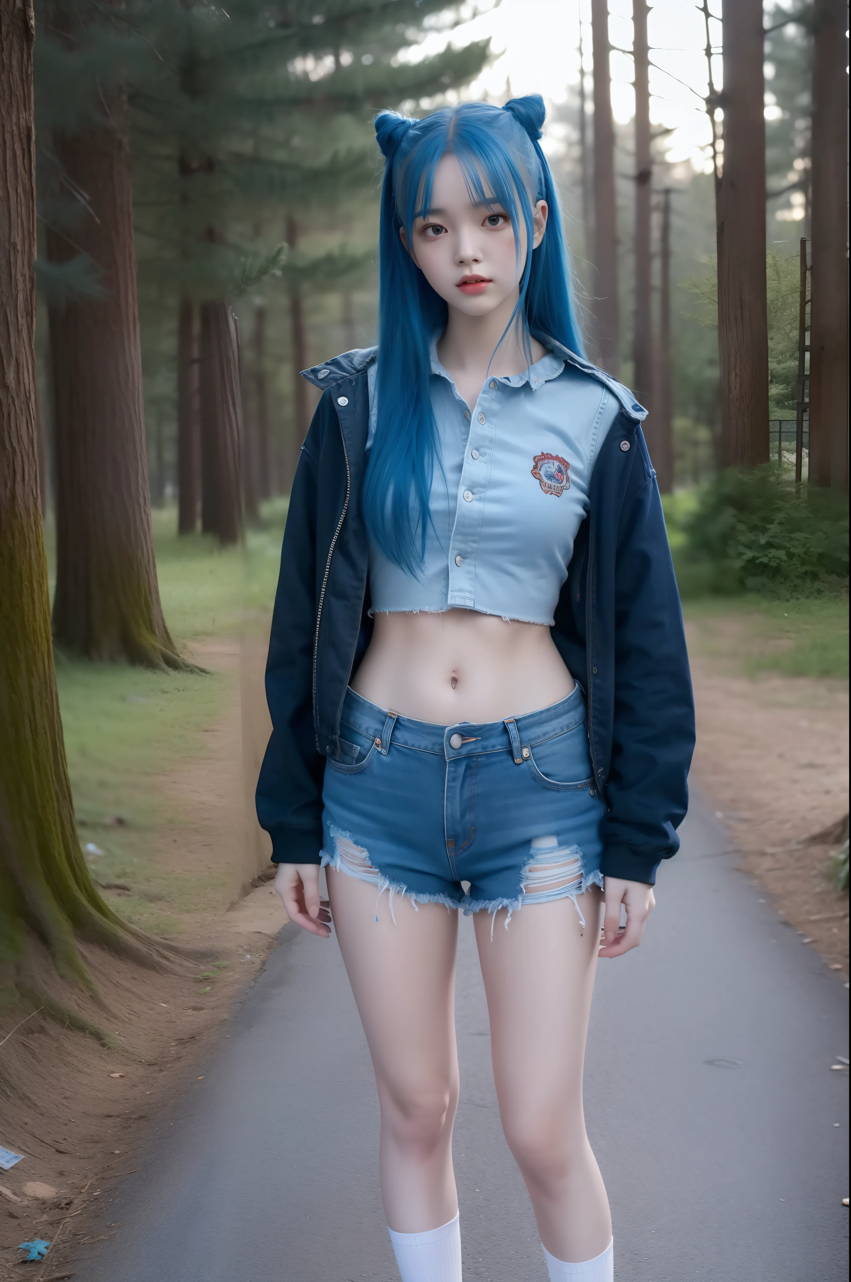 "Full body view of 18 years old Kim Chaewon as a young girl in a tattered and rotted clothing, with blue hair. She is standing confidently, with a slight exposure of her midriff and a petite figure. The photo is captured in UHD 4K, exhibiting exquisite details."