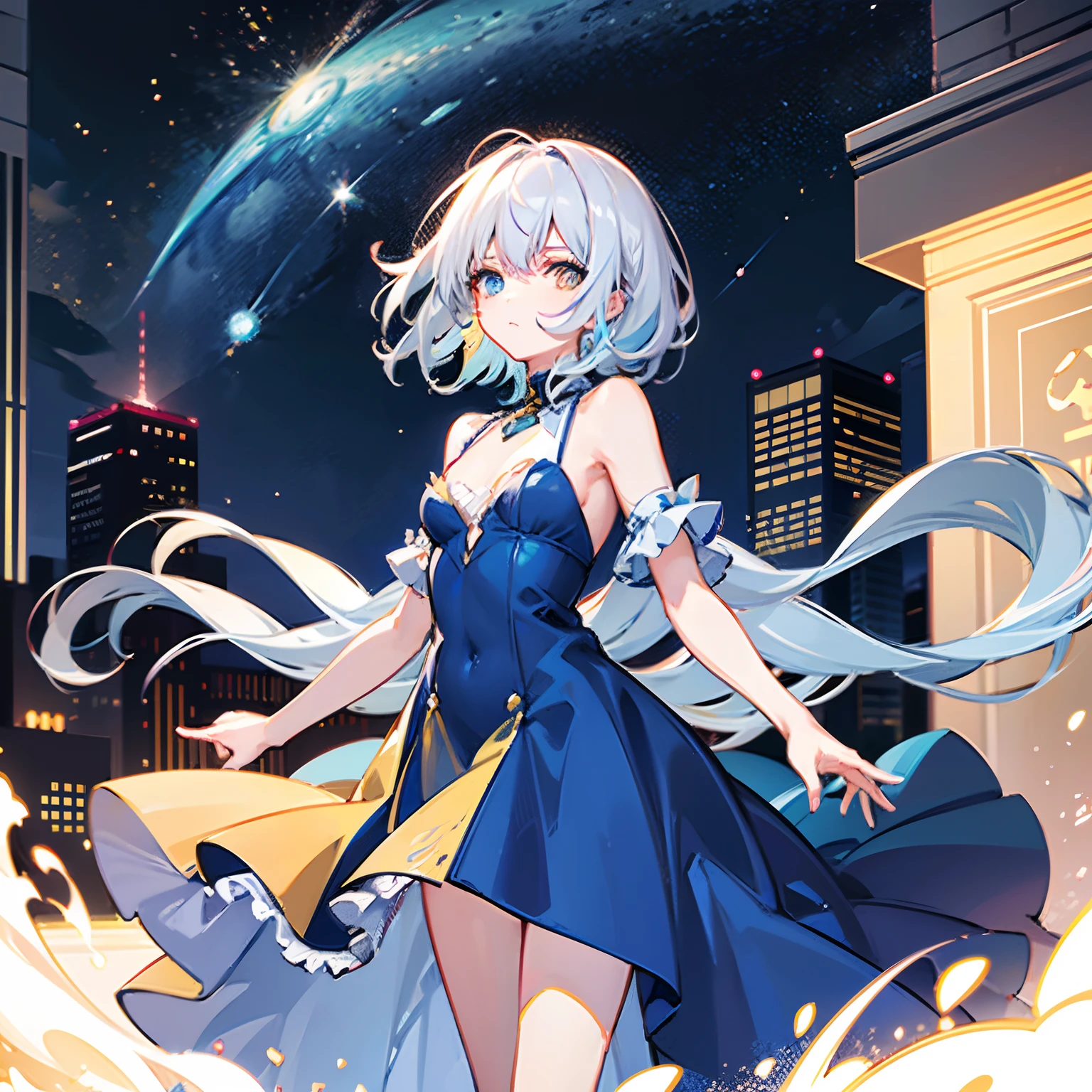 Best quality, highest resolution, 1 girl, solo, young woman, small breasts, perfect anatomy, well drawn hands and arms, elegant long blue dress, whole picture, multicolored hair, Short hair, white hair with blue fringe, heterochromia, blue and yellow eyes, looking at viewer, city streets, starry nights