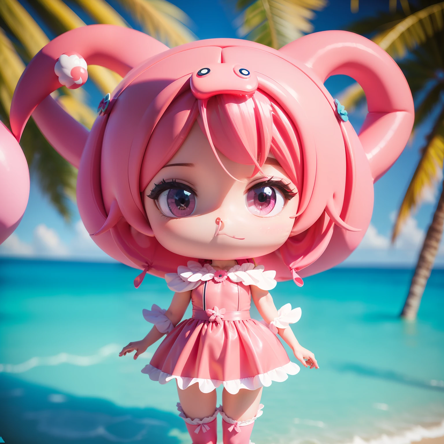 chibi 3d))) (Best Quality), (masutepiece), Anime characters dressed in short stories, rounded, dark blue hairstyle ((chibi 3d)), Dressed in a flamingo costume cosplay costume ((Nuoslung Flamingo Kigurumicosplay)), Includes accessories such as rider clothes and animal costumes, Suitable for both adults and children. The costume must be inflatable and filled with air, Create eye-catching character costumes for occasions like Christmas, birthday, Year-end party, New Year's Party, School Festival, and other events. Characters must be pink flamingo themed, The background is (Summer Beach:1.2),Close-up Face.