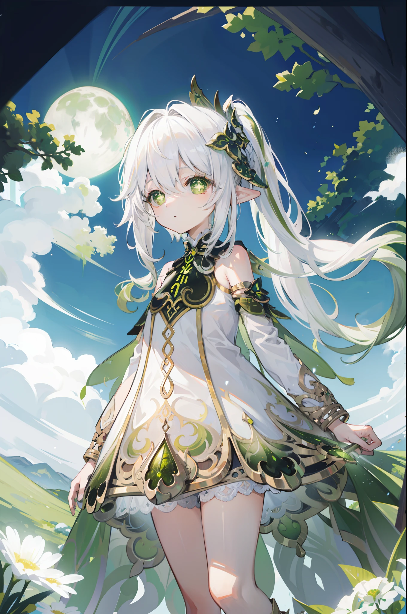 Nahida_Genshin,(White hair),cross-shaped pupils,default_dress,Green cape,simplebackground,themoon,The breath of life,green color,grassy fields,The breath of life,Gentle and powerful divinity,A sense of majesty