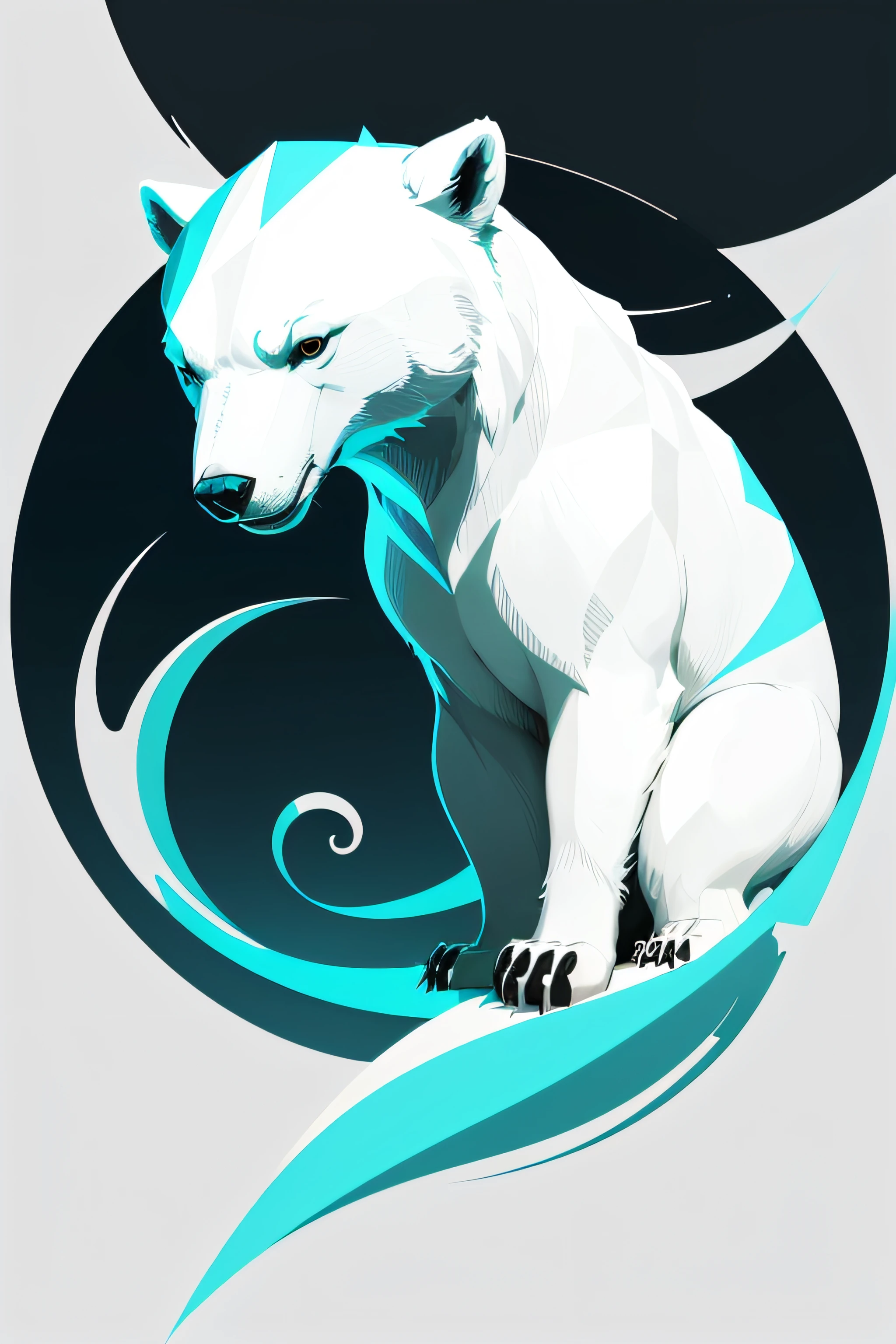 Turquoise Logo, Death minimalist vector art logo illustration, Front face, Magic, sharp designs, Colorful monochrome, dark magic splash, T-shirt design, Studio Ghibli style, The design must be vector art , Polar bear exhibit. Using Adobe Illustrator、Create a logo with sharp lines and a simple yet attractive looking. Maintain a design focused on polar bear eyes, Capture its uniqueness and charm. The logo should evoke a sense of sophistication and calm. Emphasis on low-poly style、. The overall aesthetic should be sleek and stylish, Make it relevant for your branding and logo objectives, White background.