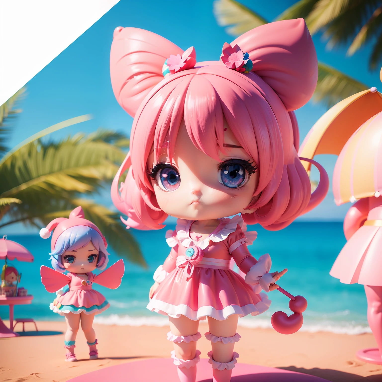 chibi 3d))) (Best Quality), (masutepiece), Anime characters dressed in short stories, rounded, dark blue hairstyle ((chibi 3d)), Dressed in a flamingo costume cosplay costume ((Nuoslung Flamingo Kigurumicosplay)), Includes accessories such as rider clothes and animal costumes, Suitable for both adults and children. The costume must be inflatable and filled with air, Create eye-catching character costumes for occasions like Christmas, birthday, Year-end party, New Year's Party, School Festival, and other events. Characters must be pink flamingo themed, The background is (Summer Beach:1.2),Close-up Face.