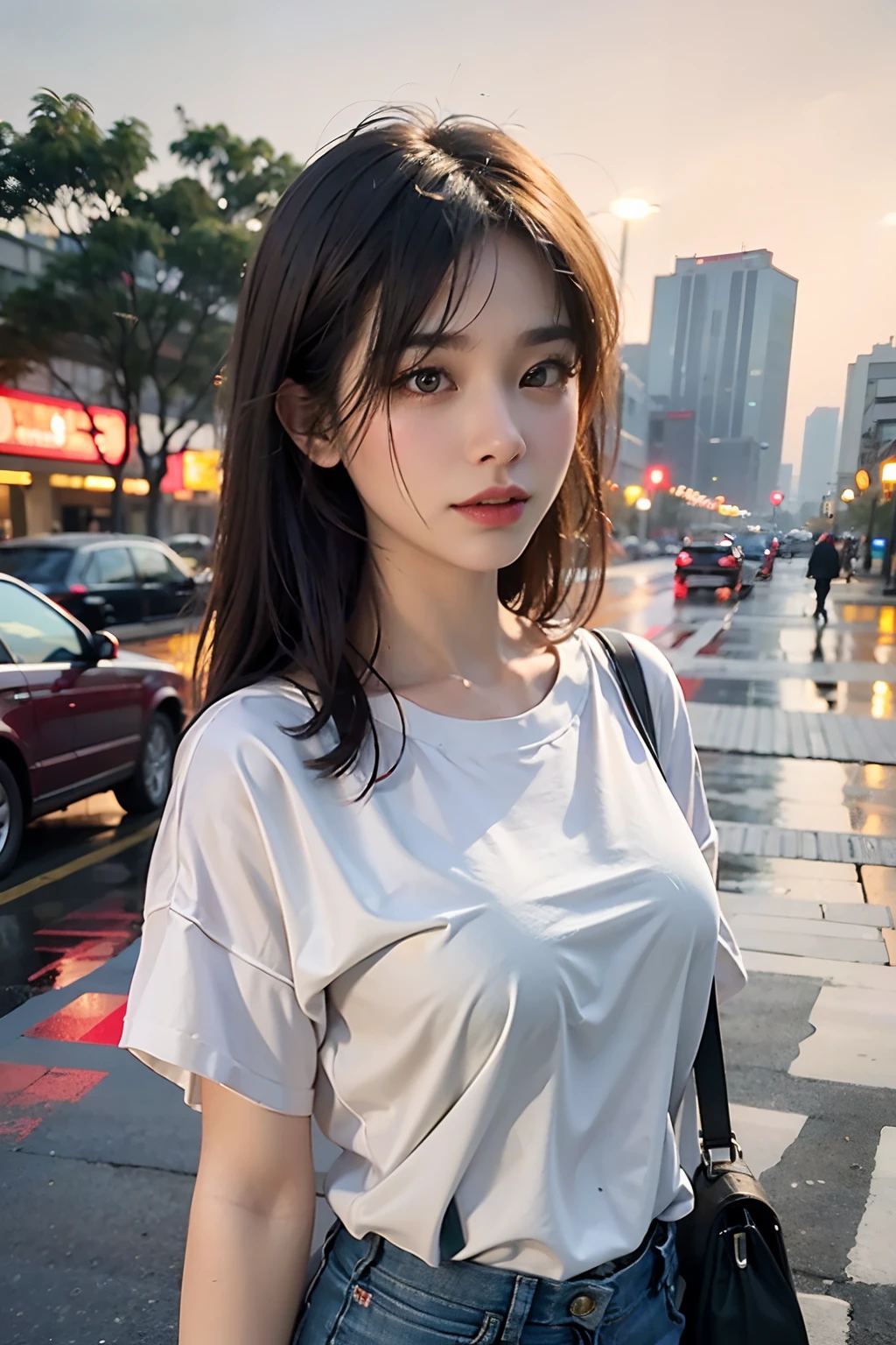 Best Quality, masutepiece, Ultra High Resolution, (fidelity:1.4), Photo, 1 pretty girl, White skin, Extra large breasts, White shirt, movie, rainy evening, Wet hair