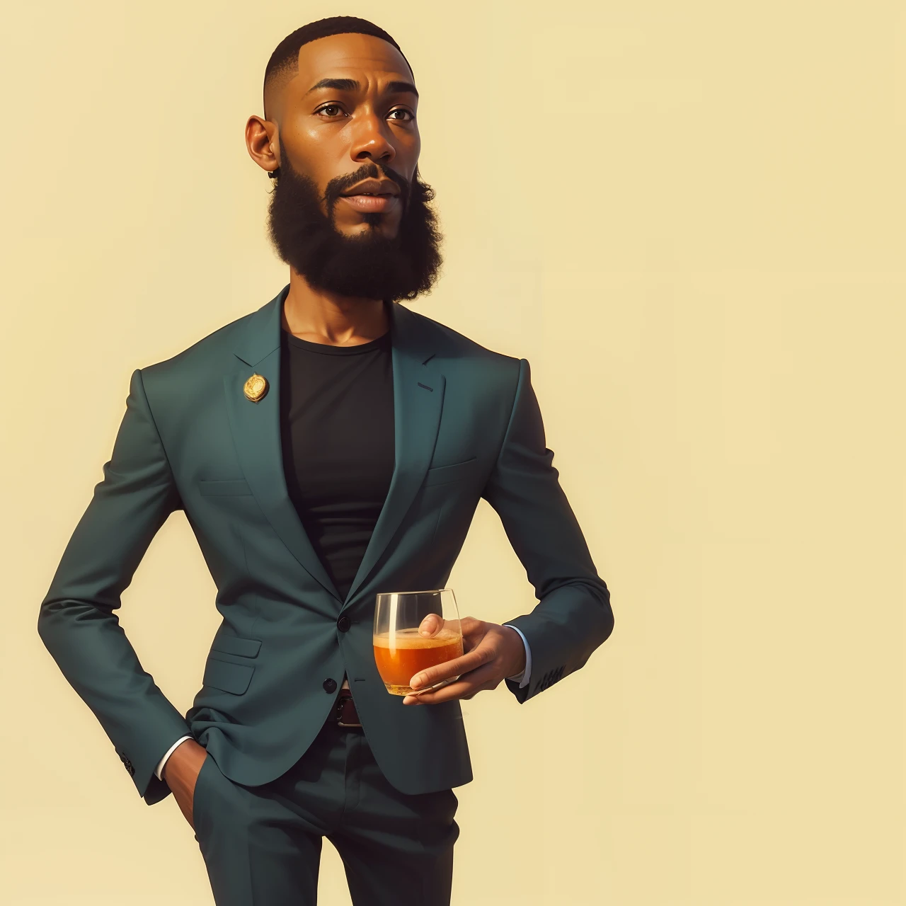 Niji style, African man in suit, holding a glass cup, hand in pocket