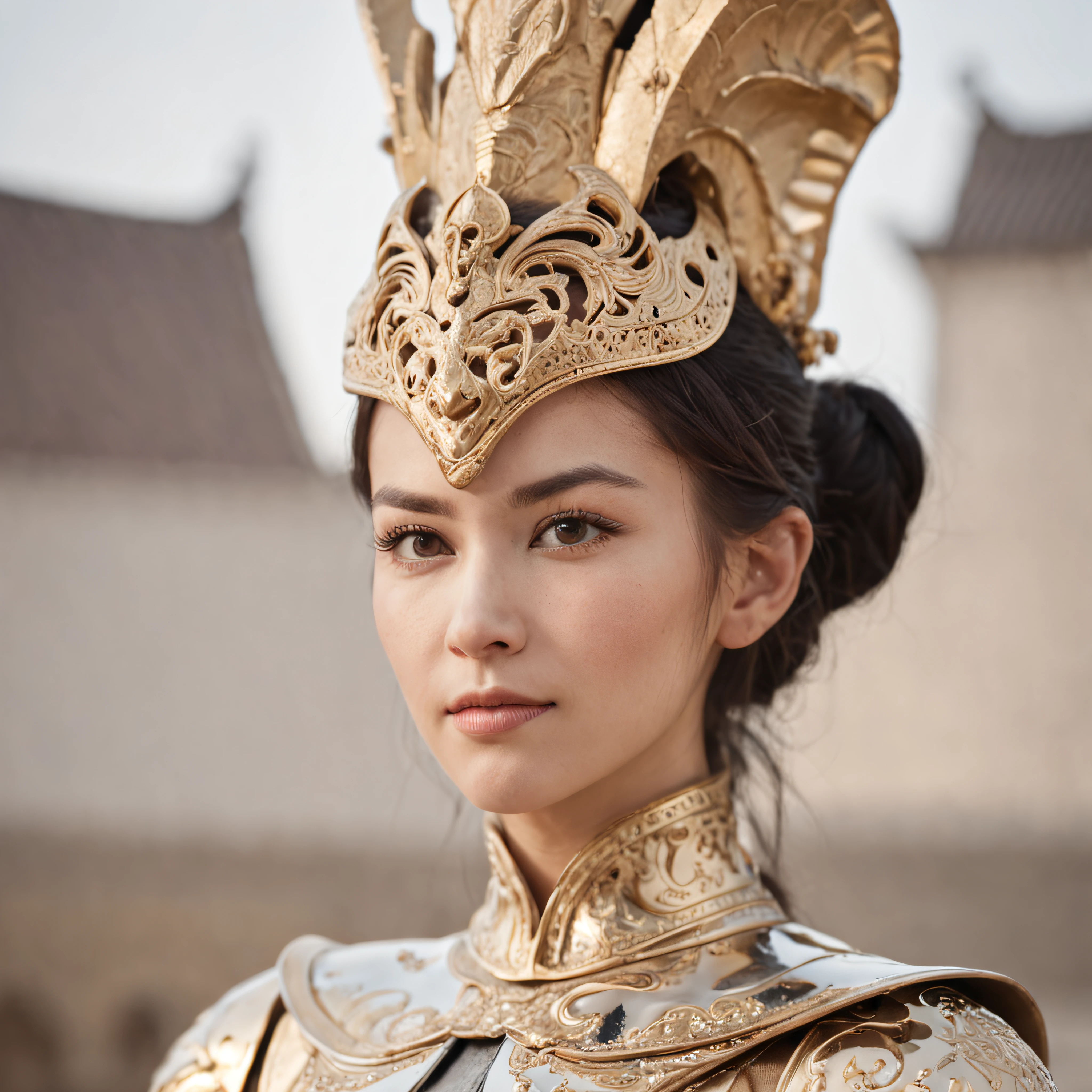 cowboy lens, (anatomy correct), 1 Female knight, Ride a white horse, Exquisite helmet,Gold armor,Delicate pattern,Oriental elements,Ink painting style, Clean colors,gold space, Soft lighting, ( Bokeh),Masterpiece, Super detailed, Epic composition, Highest quality, 4K,