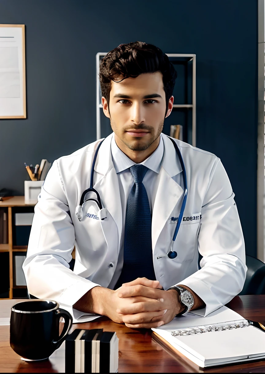 arafed man in white suit and tie sitting at a table, photo of a man, sitting at desk, wearing a doctor suit, corporate photo, handsome man, professional portrait hd, wearing doctors white suit, sitting at a desk, a photo of a man, handsome and attractive, professional profile photo, attractive man, sitting behind desk