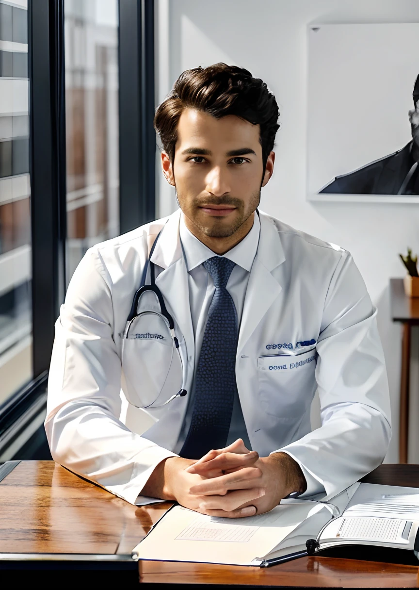 arafed man in white suit and tie sitting at a table, photo of a man, sitting at desk, wearing a doctor suit, corporate photo, handsome man, professional portrait hd, wearing doctors white suit, sitting at a desk, a photo of a man, handsome and attractive, professional profile photo, attractive man, sitting behind desk