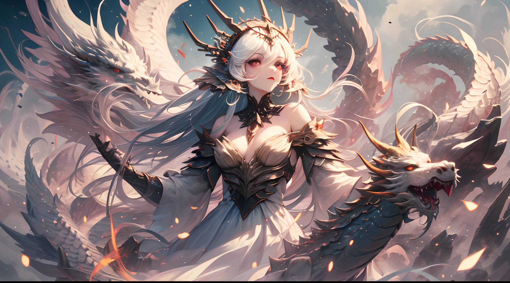 A white divine dragon with white scales, wrapped around a fairy, a fairy with long flowing hair and delicate facial features, wearing a long dress with clear and delicate layers, and a beautiful headdress