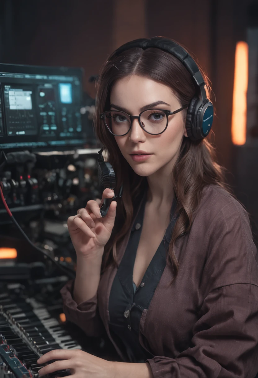 The bespectacled Alafard woman sits on the mixer and the mixer, , big breasts, alena aenami and artgerm, Sispo, alena aenami and android jones, artgerm julie bell beeple, girl in studio, Ross Tran 8 K, author：brandon woelfel, hq artwork, jen bartel, cyber punk style