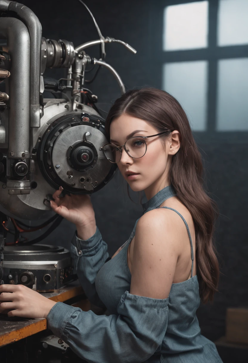 The bespectacled Alafard woman sits on the mixer and the mixer, , big breasts, alena aenami and artgerm, Sispo, alena aenami and android jones, artgerm julie bell beeple, girl in studio, Ross Tran 8 K, author:brandon woelfel, hq artwork, jen bartel, cyber punk style