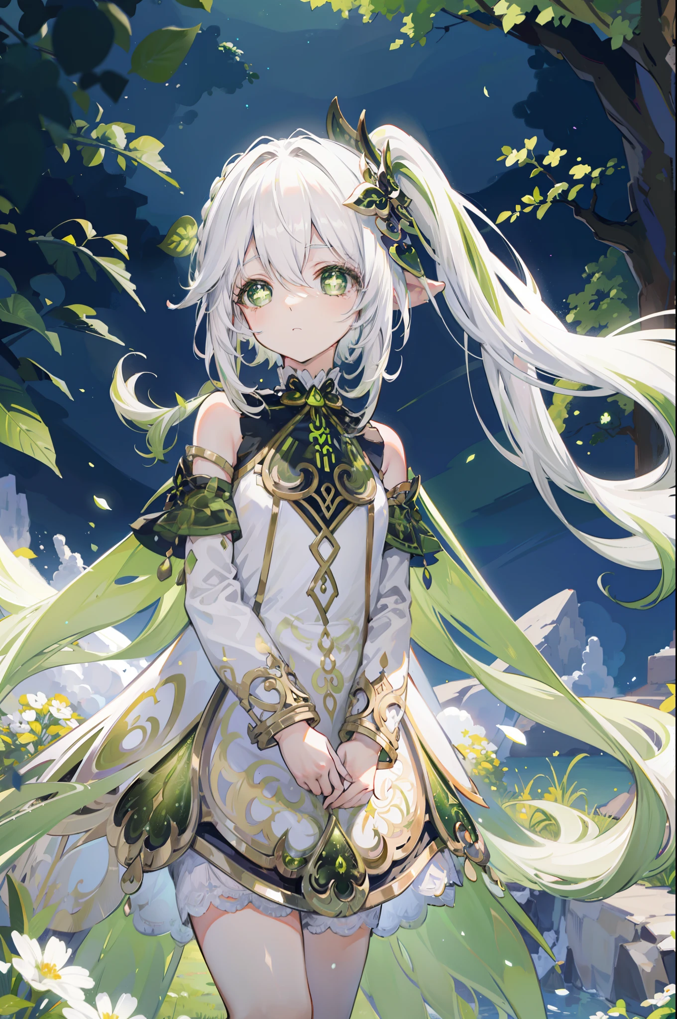 Nahida_Genshin,(White hair),cross-shaped pupils,default_dress,Green cape,simplebackground，themoon，The breath of life，green color，grassy fields，The breath of life，Gentle and powerful divinity，A sense of majesty