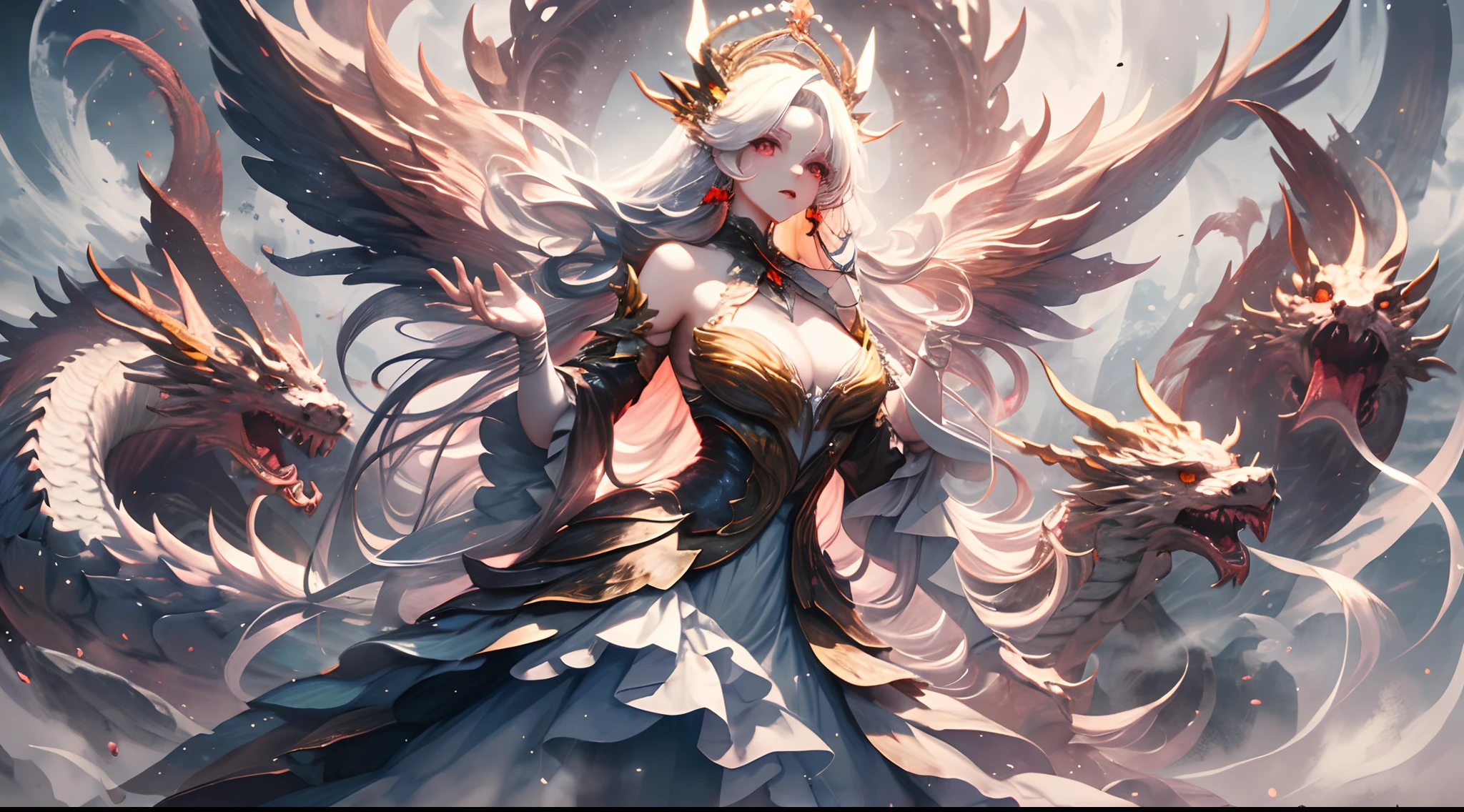 A white divine dragon with white scales, wrapped around a fairy, a fairy with long flowing hair and delicate facial features, wearing a long dress with clear and delicate layers, and a beautiful headdress