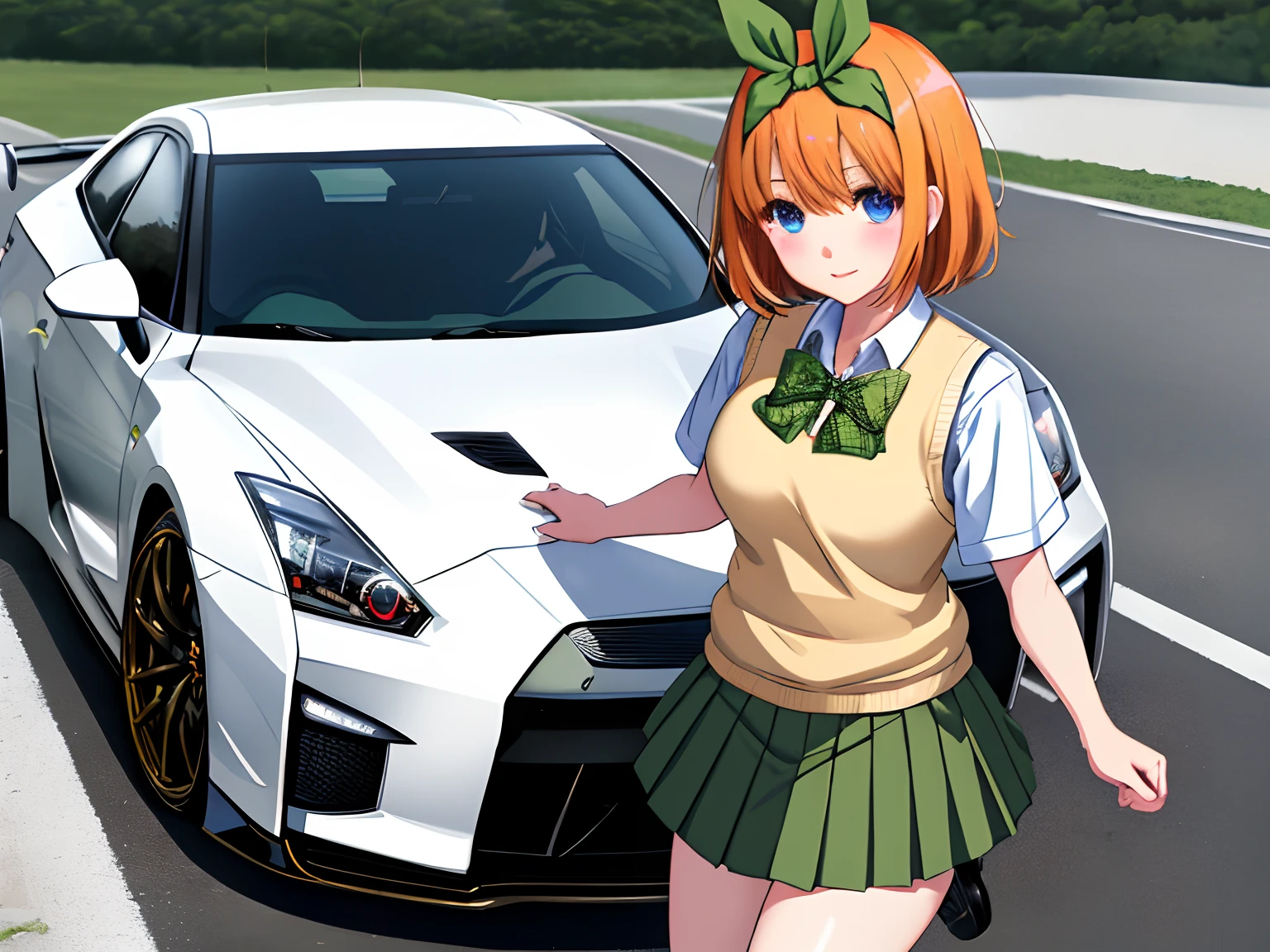 Masterpiece, realistic, hd, 1girl, a woman standing in front of cars, yotsuba nakano, bangs, short hair, blue eyes, hair between eyes, hair ribbon, hairband, orange hair, green ribbon,skirt, shirt, bow, ribbon, school uniform, white shirt, short sleeves, pleated skirt, shoes, socks, collared shirt, miniskirt, bowtie, black footwear, kneehighs, green skirt, black socks, loafers, green bow, sweater vest, green ribbon, knee socks, white color nissan gtr r-35, modified, nismo, hi performance, gold color wheels, streets