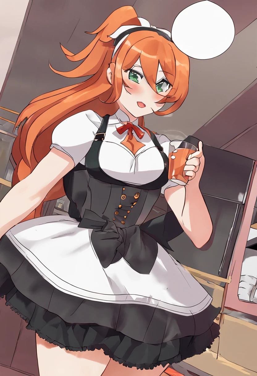 ai_generated curvy_body curvy_female curvy_figure The average cup size female_only huge_breasts looking_at_viewer +maid solo_female solo_focus stable_diffusion waitress orange_hair green_eyes lifts the skirt showing black panties legs in pantyhose