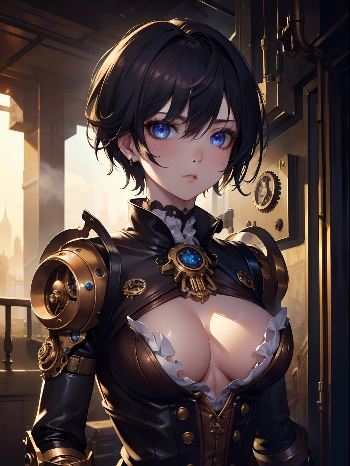 (Masterpiece, Best Quality, Ultra High Resolution), 1girl,mechanical limbs, mechanical arms,biopunk,short hair,mechanical body, beautiful and detailed face, detailed eyes,mechanical chest,((steampunk theme))