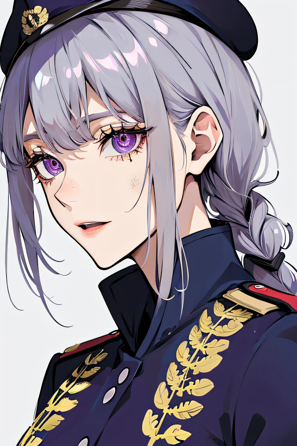 feather, Military uniform, masutepiece, Best Quality, super detailed, Illustration, Super Detailed Face, best faces, Evil, 1girl in, Gray hair, Intricate detail costumes, Purple eyes, Long hair