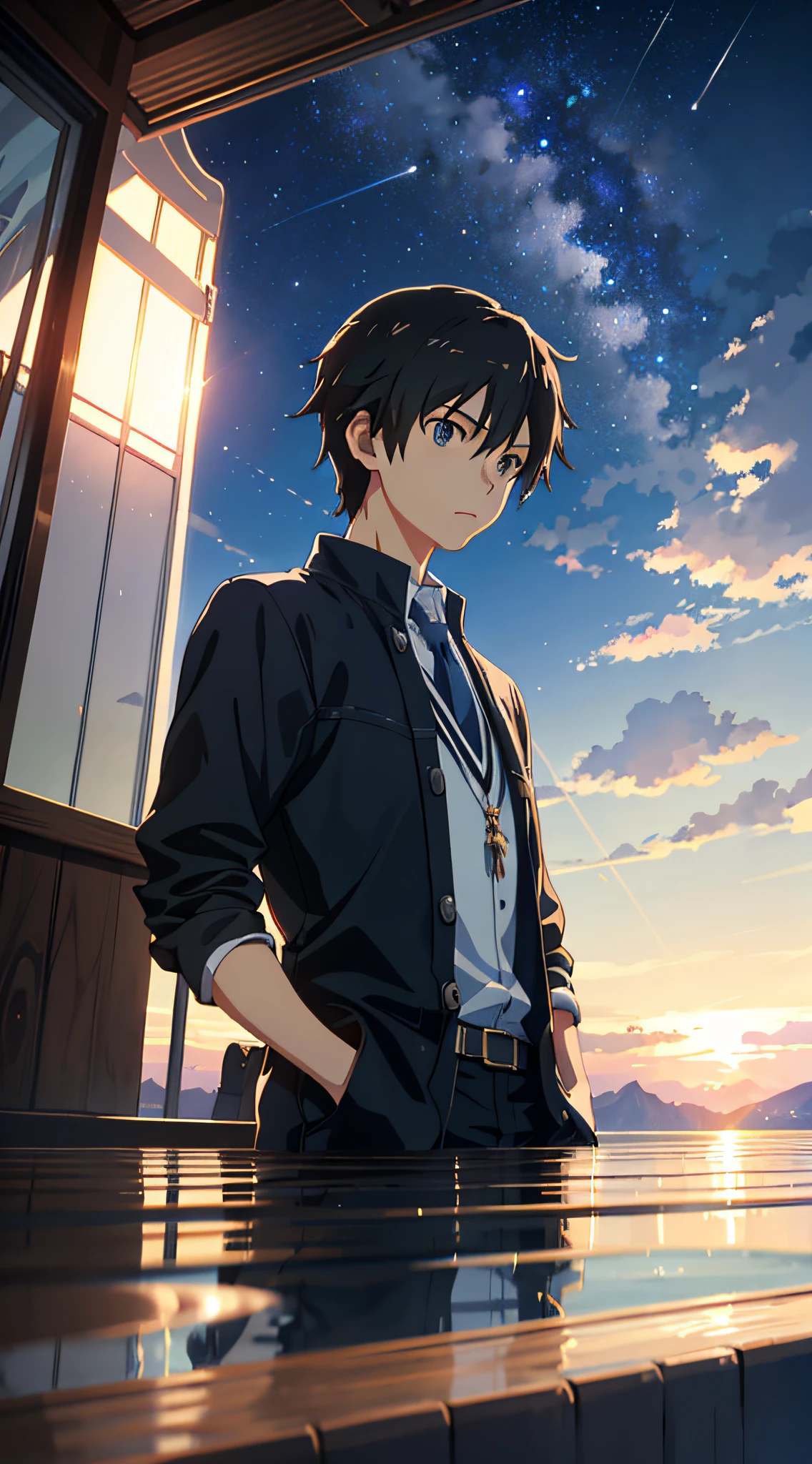 High quality masterpiece ,scenecy,Anime train passing through bodies of water on tracks, Brilliant night sky。Romantic train,pixiv,concept-art,Lofi art style,Reflectors。 by makoto shinkai, lofi art, beautiful anime scenes, Anime landscapes, Detailed scenery —width 672, in style of makoto shinkai, style of makoto shinkai,Detail enhancement。
