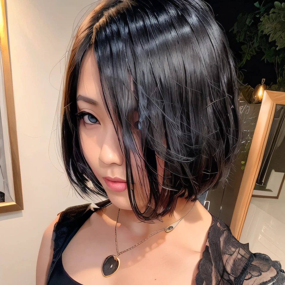 There is a woman wearing a black top and necklace, With short hair, silber hair, Midori Ishida, Bob hair, hime cut hair, Bob cut hair, Ayami, Ayaka, Straight hair, with black, bob cuts, Shiny bob haircut, Bob Cut Hair,Blue eyes,