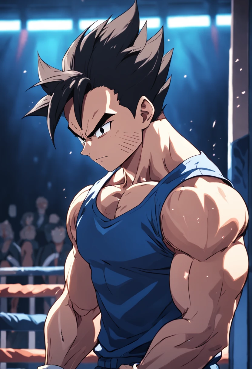 a T-shirt illustration of Vegeta working out intensely in a gym