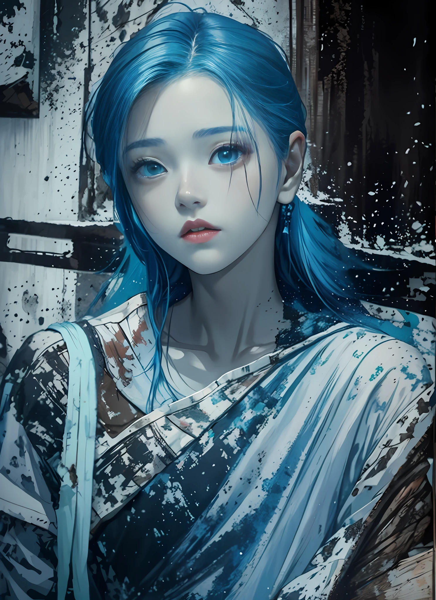 "Full body view of 18 years old Kim Chaewon as a young girl in a tattered and rotted clothing, with blue hair. She is standing confidently on a forest, with a slight exposure of her midriff and a petite figure. The photo is captured in UHD 4K, exhibiting exquisite details."