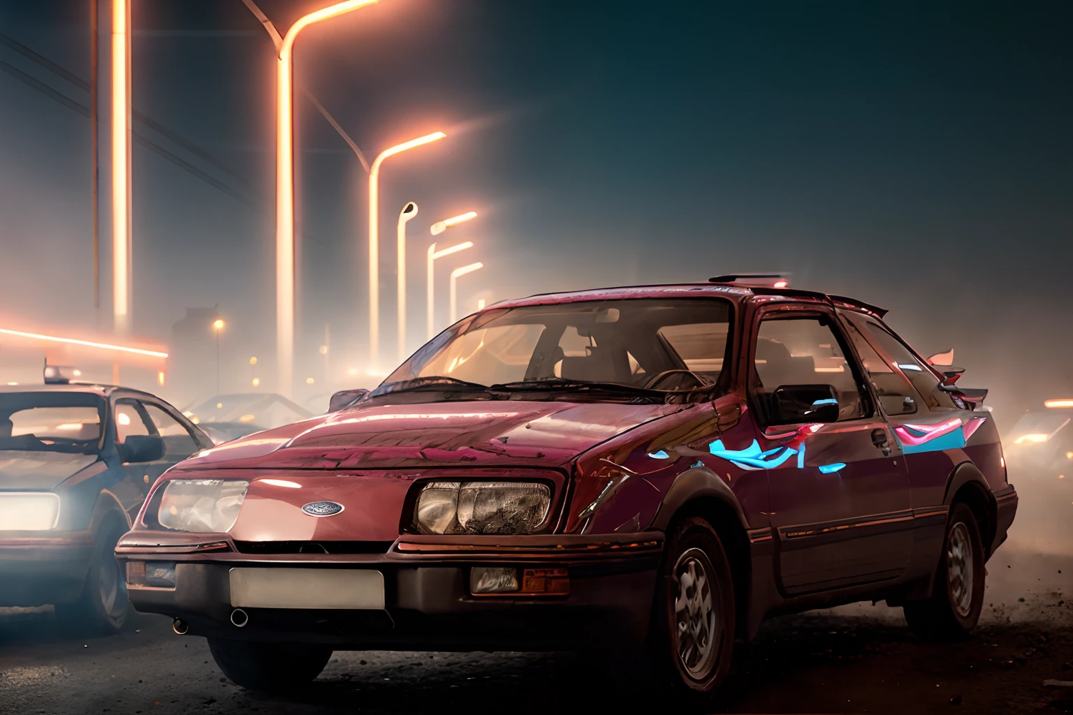 analog gloomy photo of a red Ford Sierra car, racing down a neon highway at night, outrun, synthwave, retrowave, purple sky, pink and cyan lights, palm trees, flamingos, ((cyberpunk)), High Detail, Sharp focus, ((photorealism)), realistic, best quality, 8k, award winning, dramatic lighting, epic, cinematic, masterpiece, there are Lens flares, headlights are on, car is moving