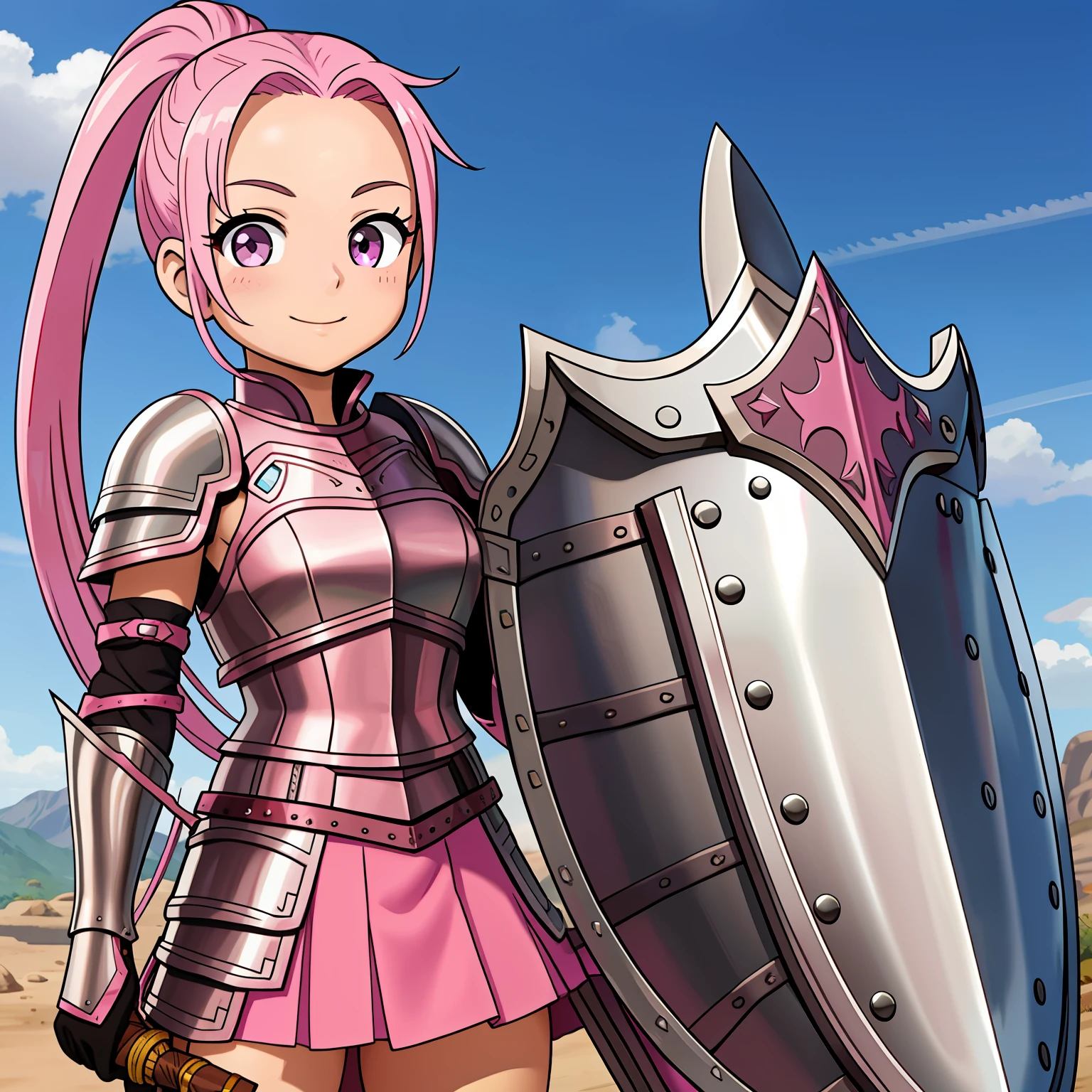 Pink hair、pony tail hairstyle、Brown eyes、Silver armor、Pink skirt、A smile、Holding a shield、Holding a spear、Fantasia、Forehead visible