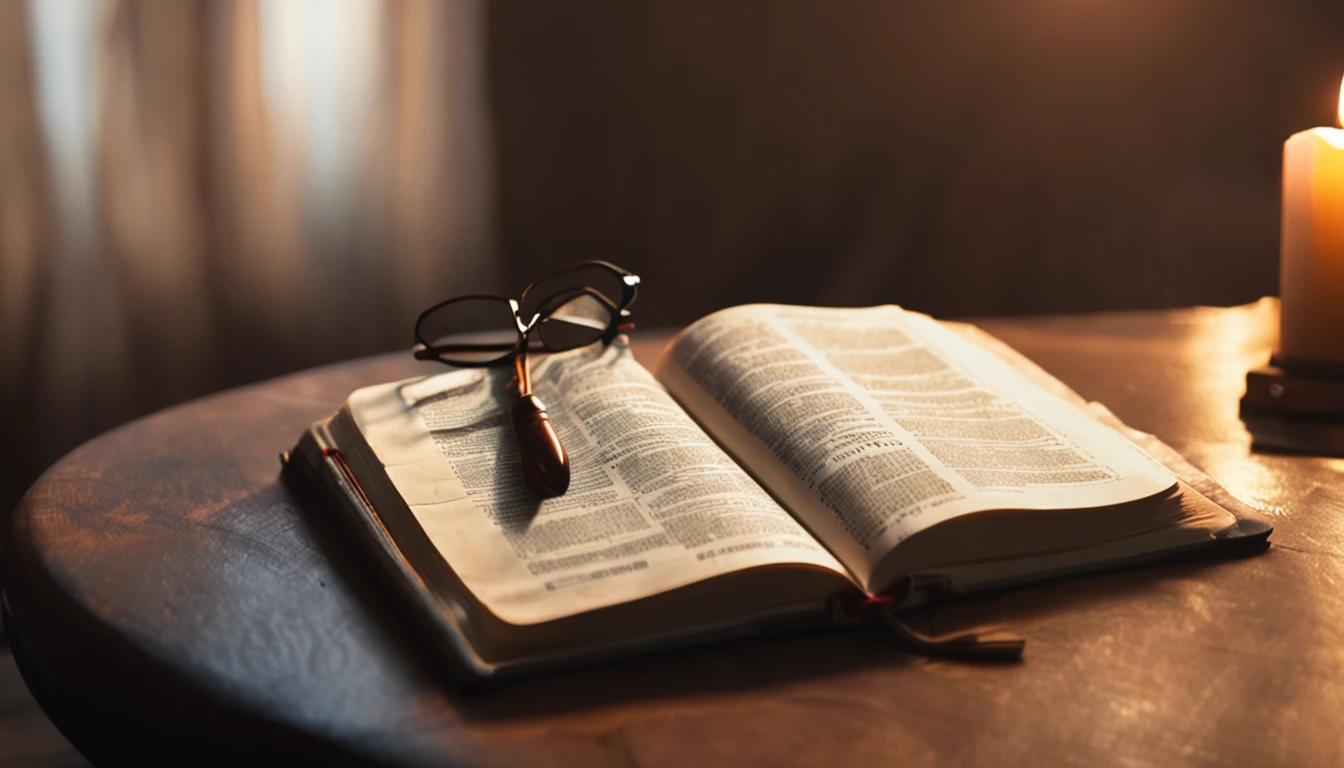 an open Bible on a table, com uma luz brilhando nela